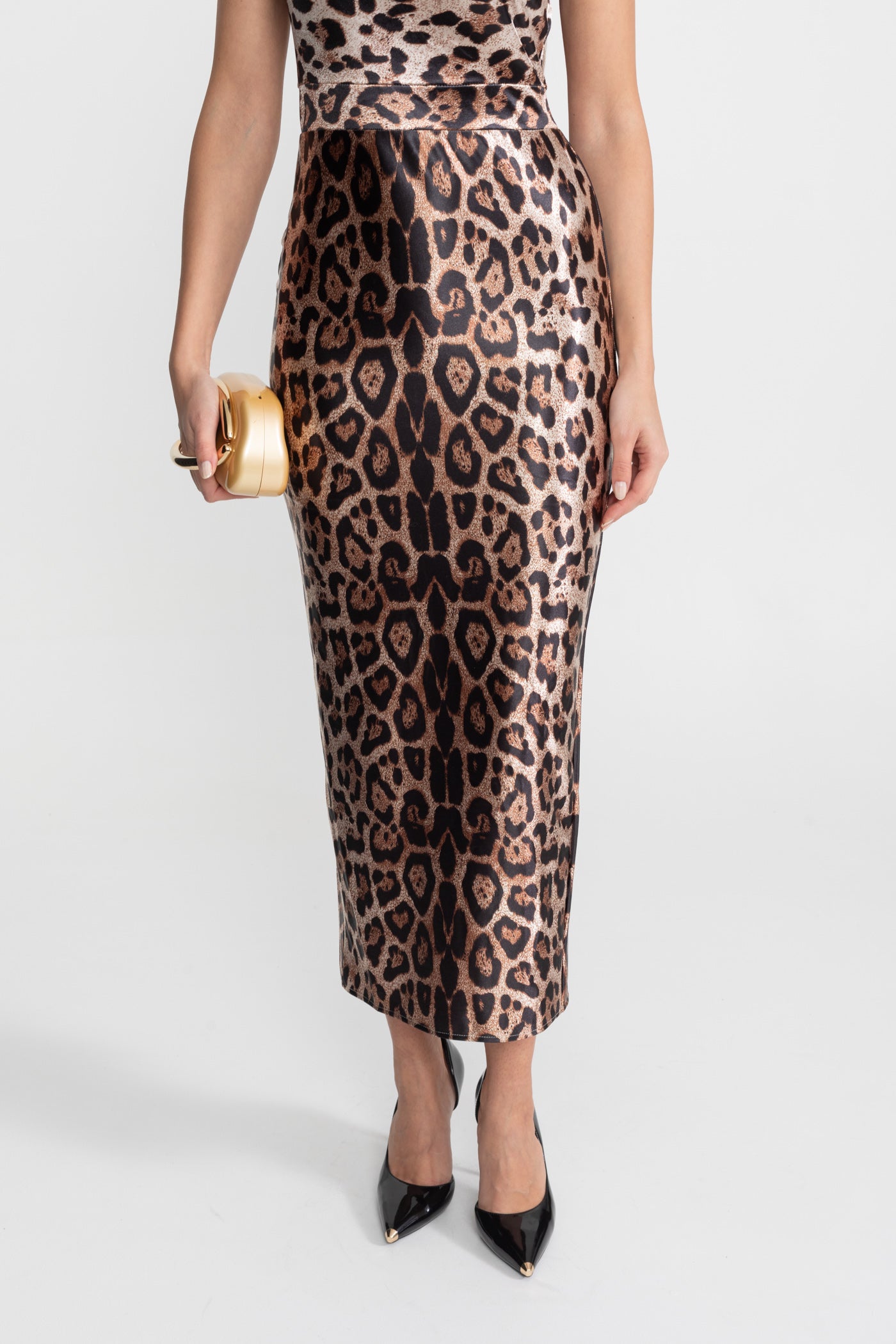 Satin Midi Dress with Leopard Print – Brown