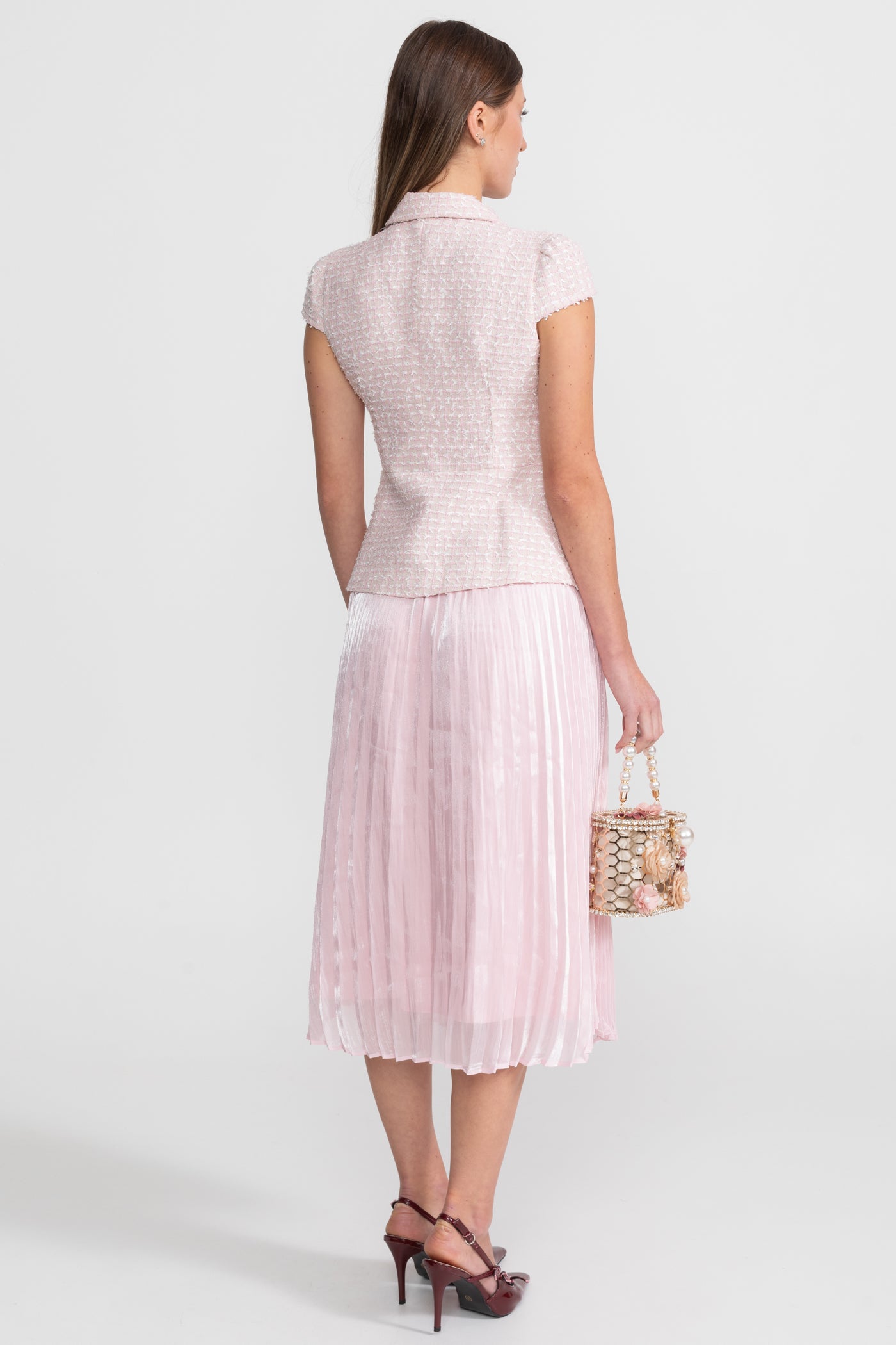 Tweed and Organza Co-ord Set with Crystal Bow Buttons - Pink