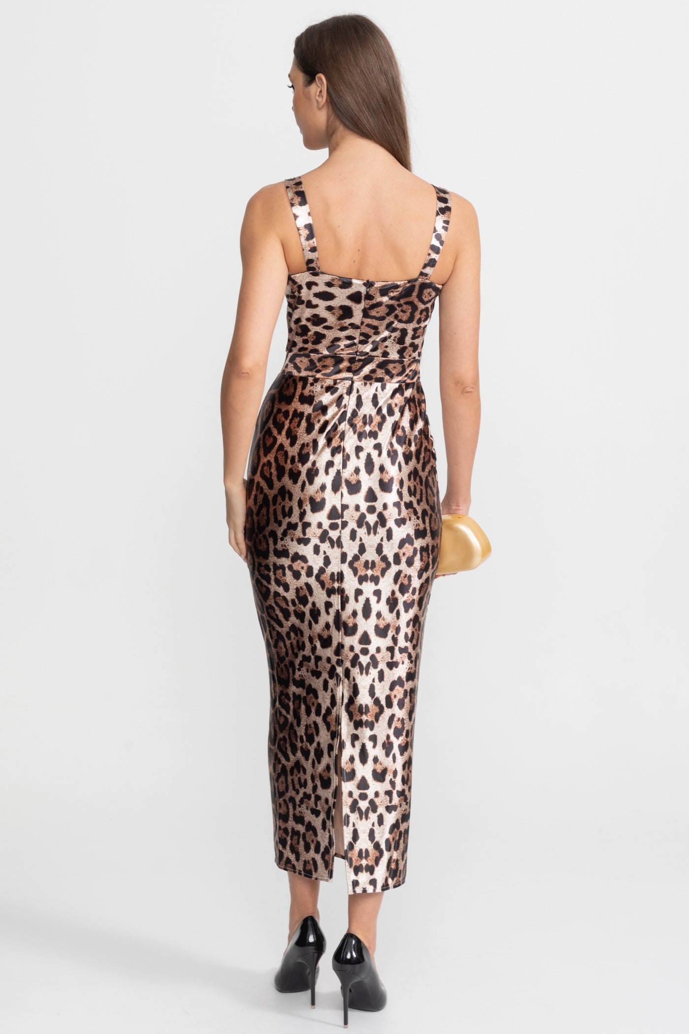Satin Midi Dress with Leopard Print – Brown