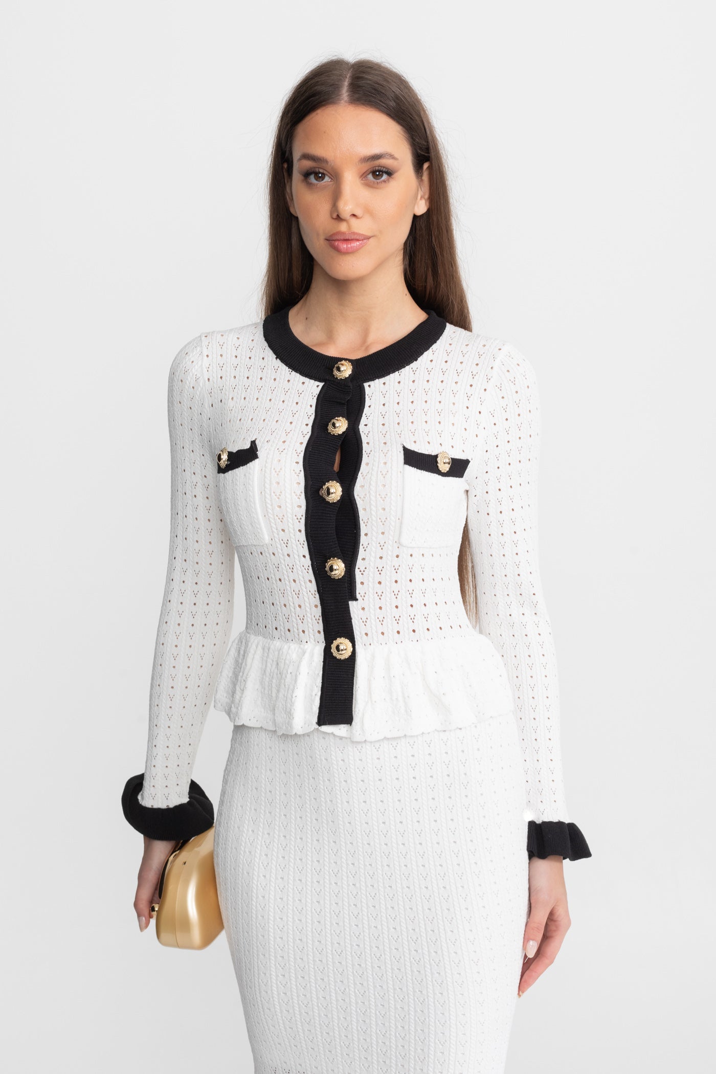 Set Midi din Tricot Pointelle cu Margini Contrastante – Alb