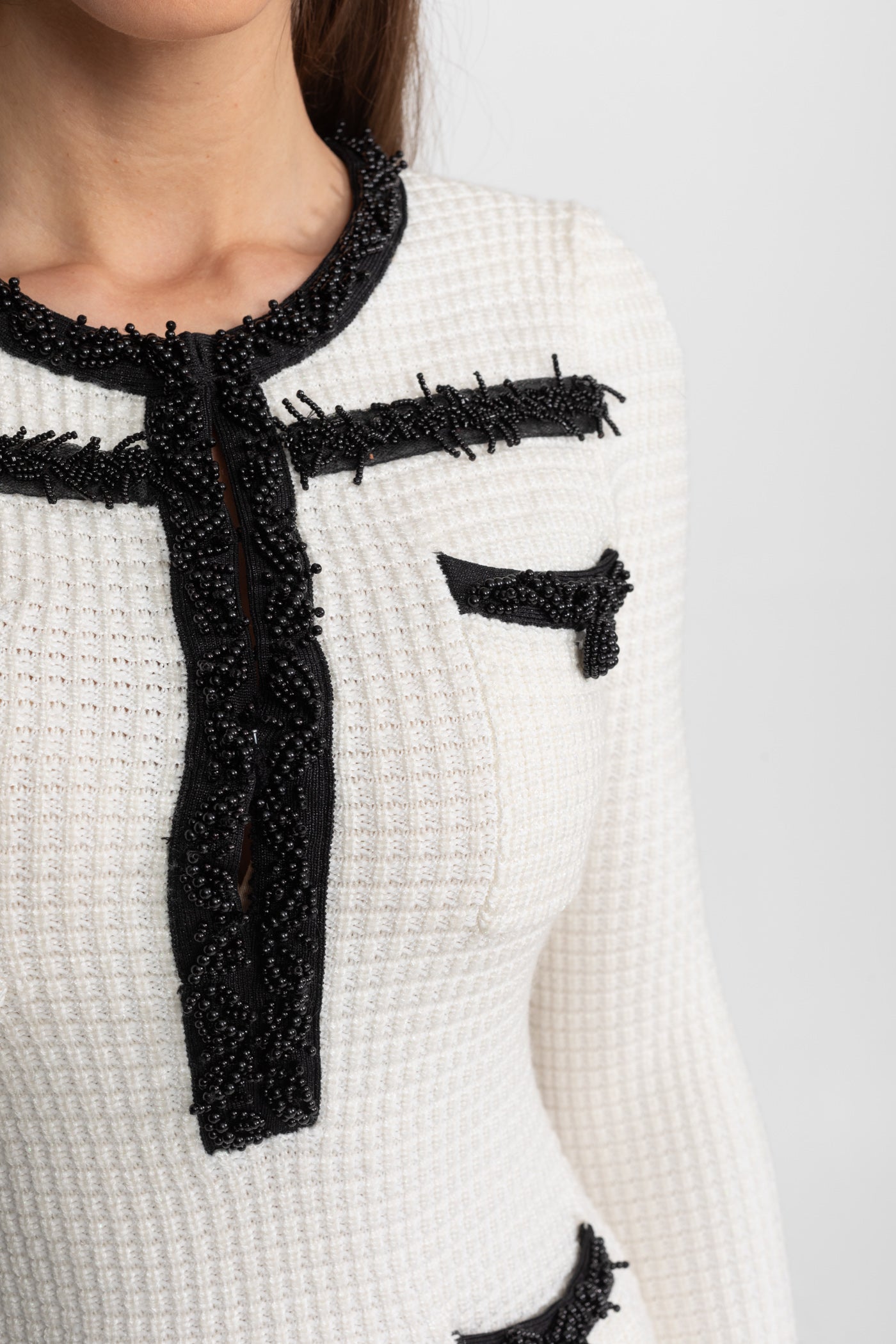 Textured Midi Dress with Contrast Embroidered Trim – Ivoire