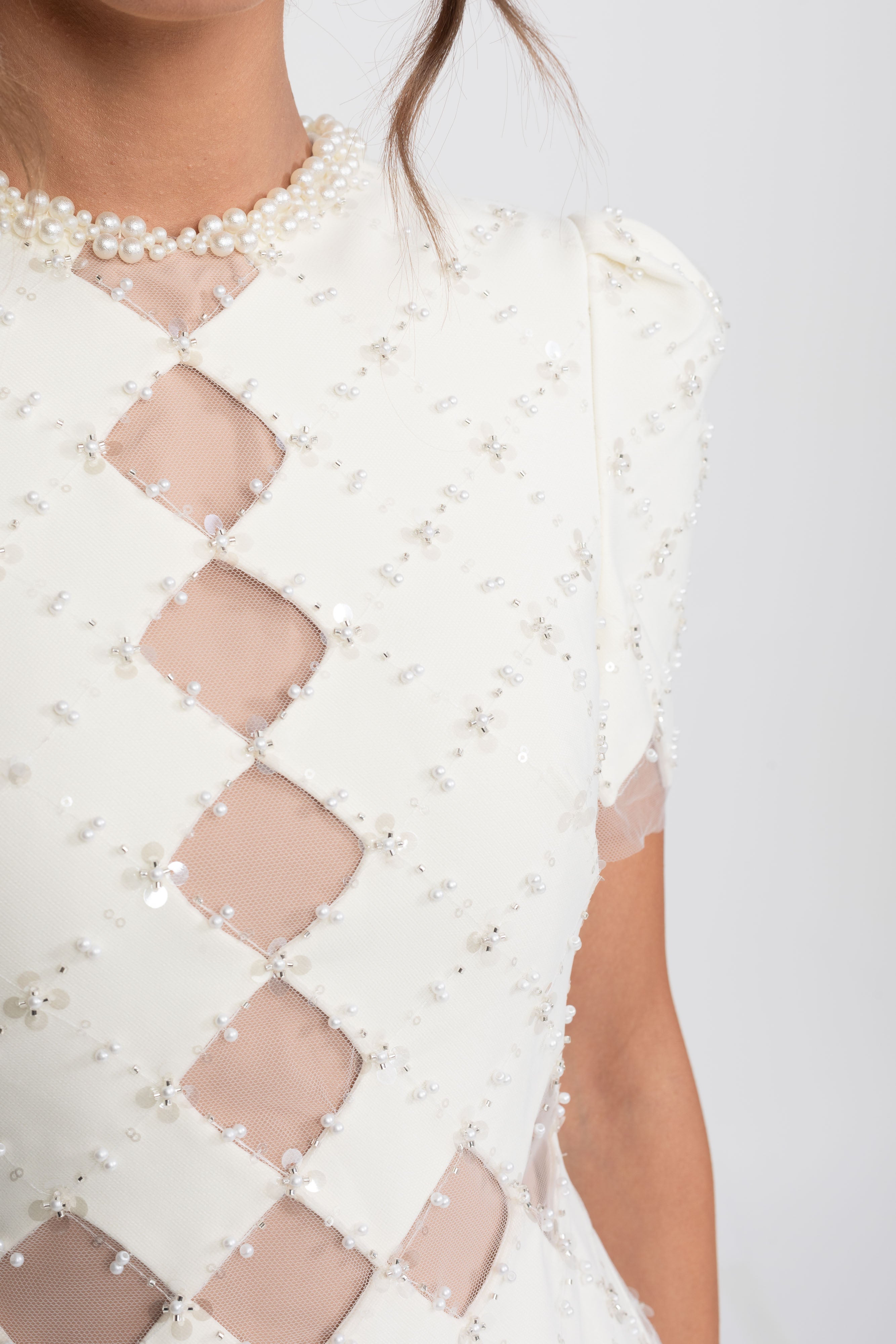 Diamond Cut-Out Beaded Dress With Pearl Trim - White