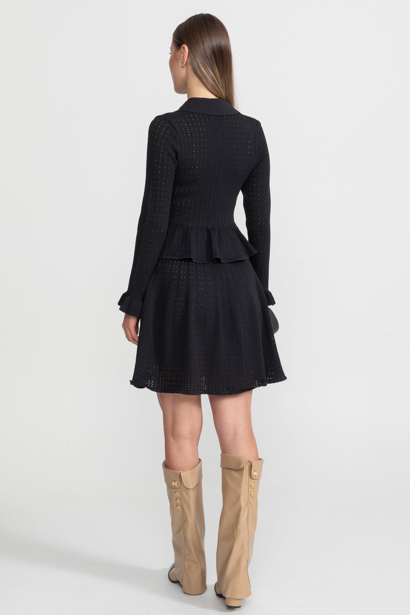 Knit Mini Dress with Peplum Waist and Gold Button Detail - Black