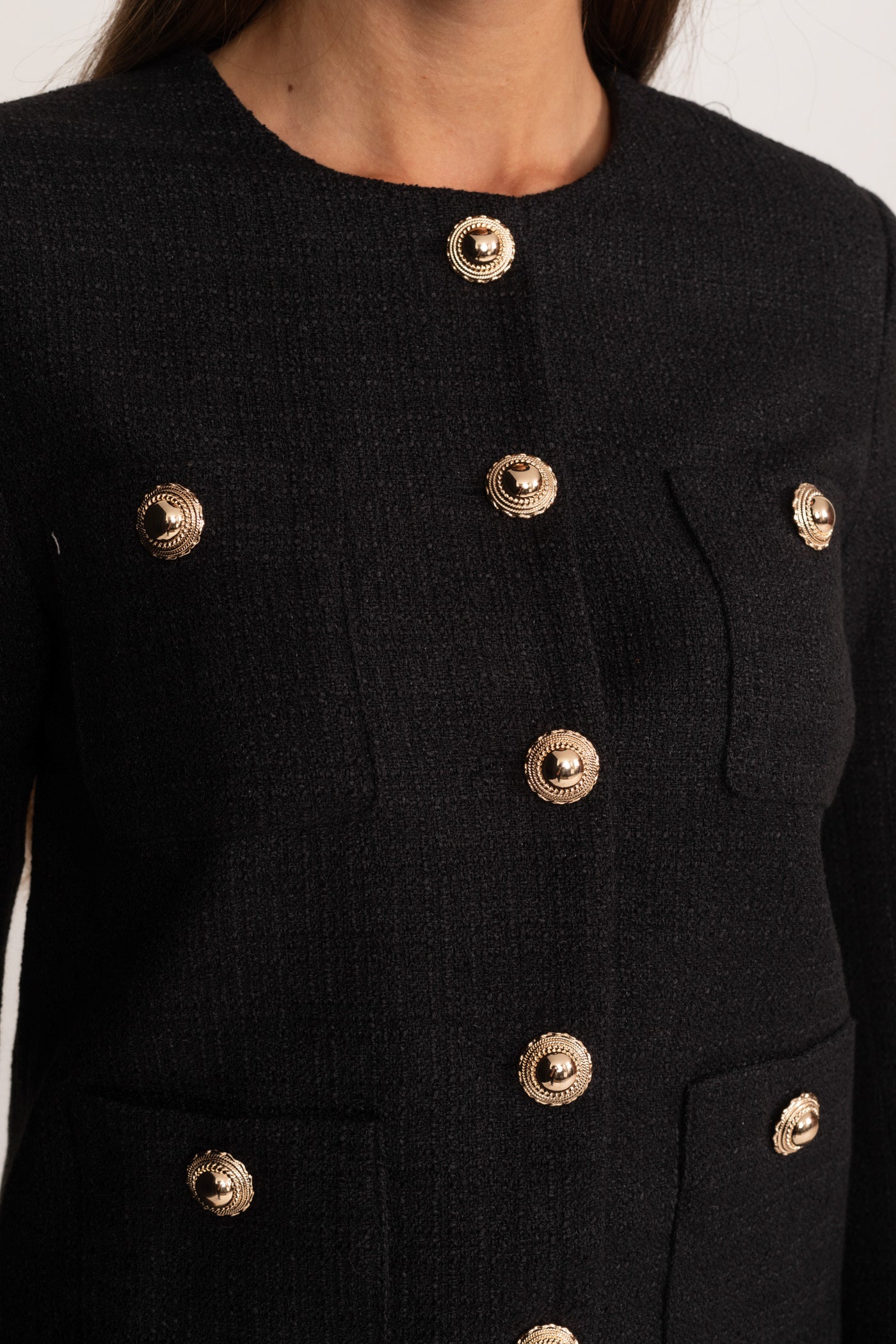 Tweed Blazer With Faux Fur Cuffs And Gold Buttons – Black