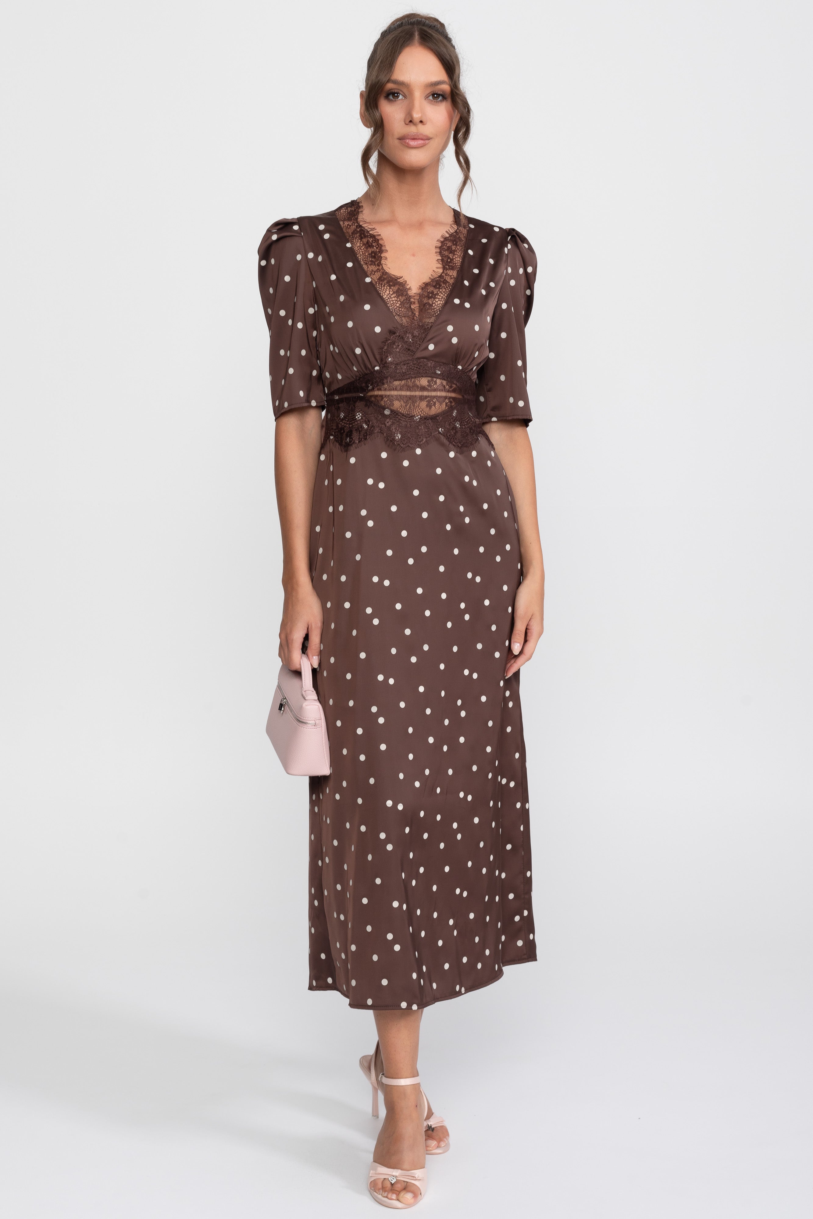 Rochie midi cu buline și margini din dantelă, cu mâneci bufante - Brown