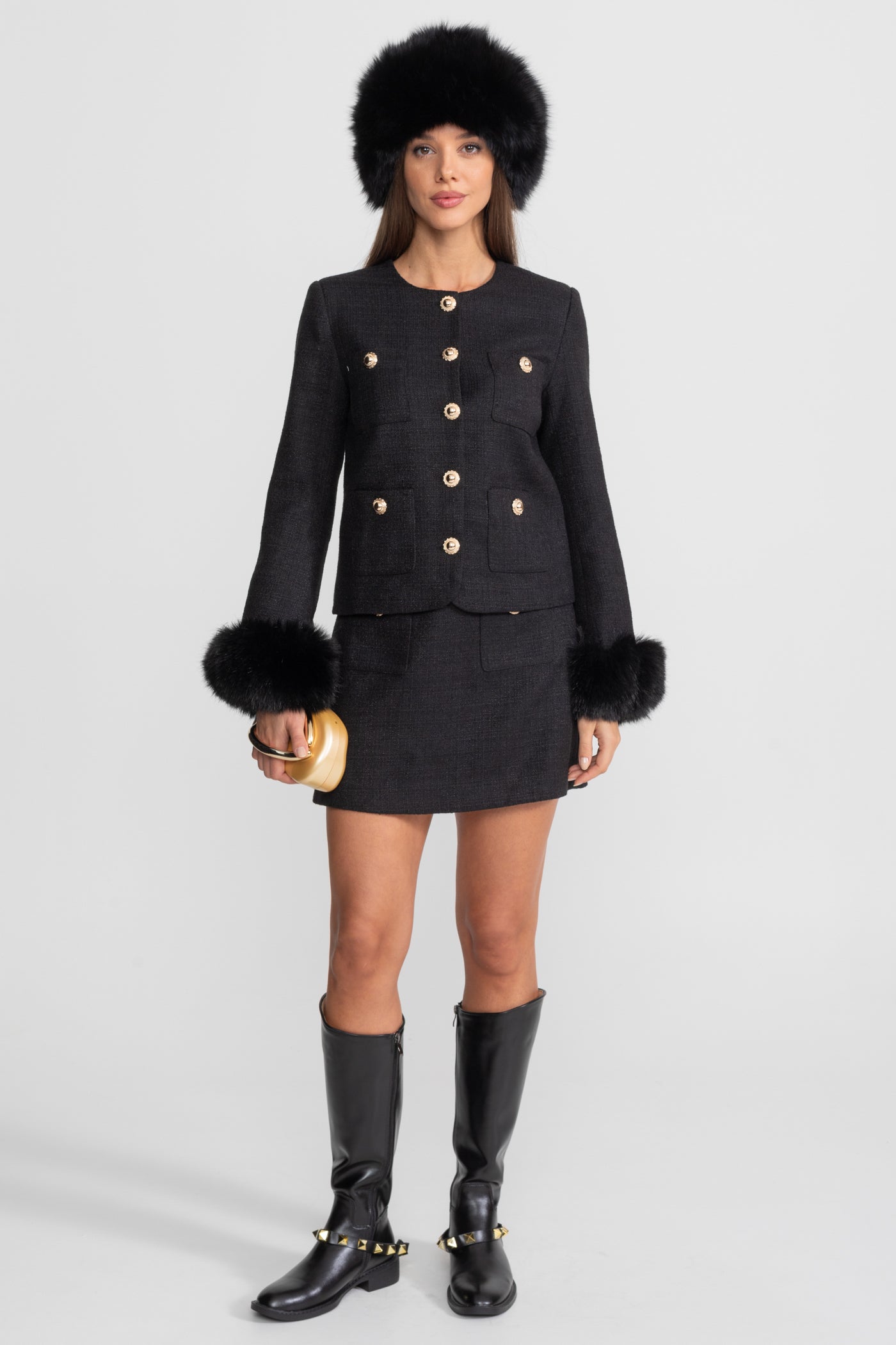 Tweed Mini Skirt With Gold Buttons – Black