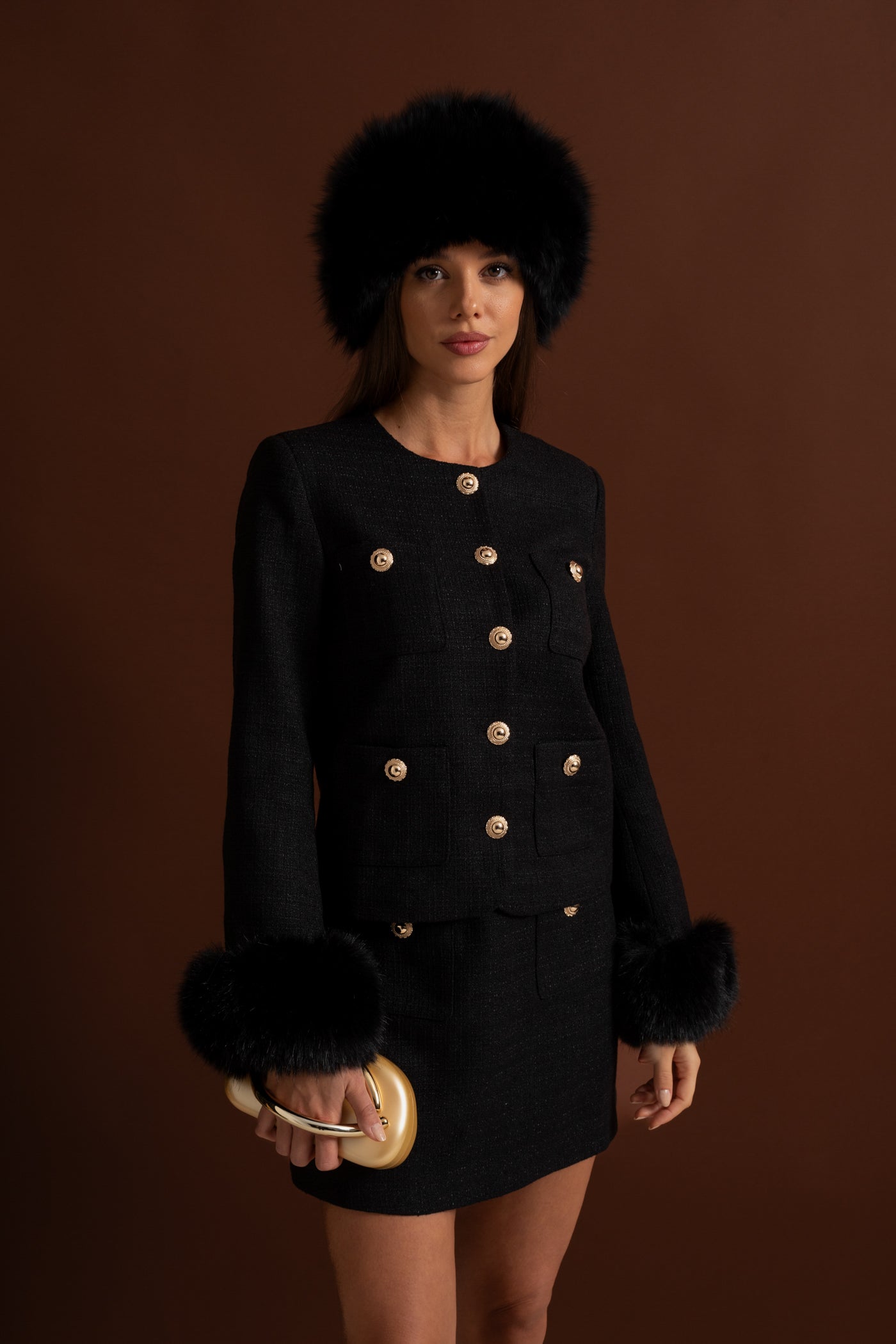 Tweed Blazer With Faux Fur Cuffs And Gold Buttons – Black