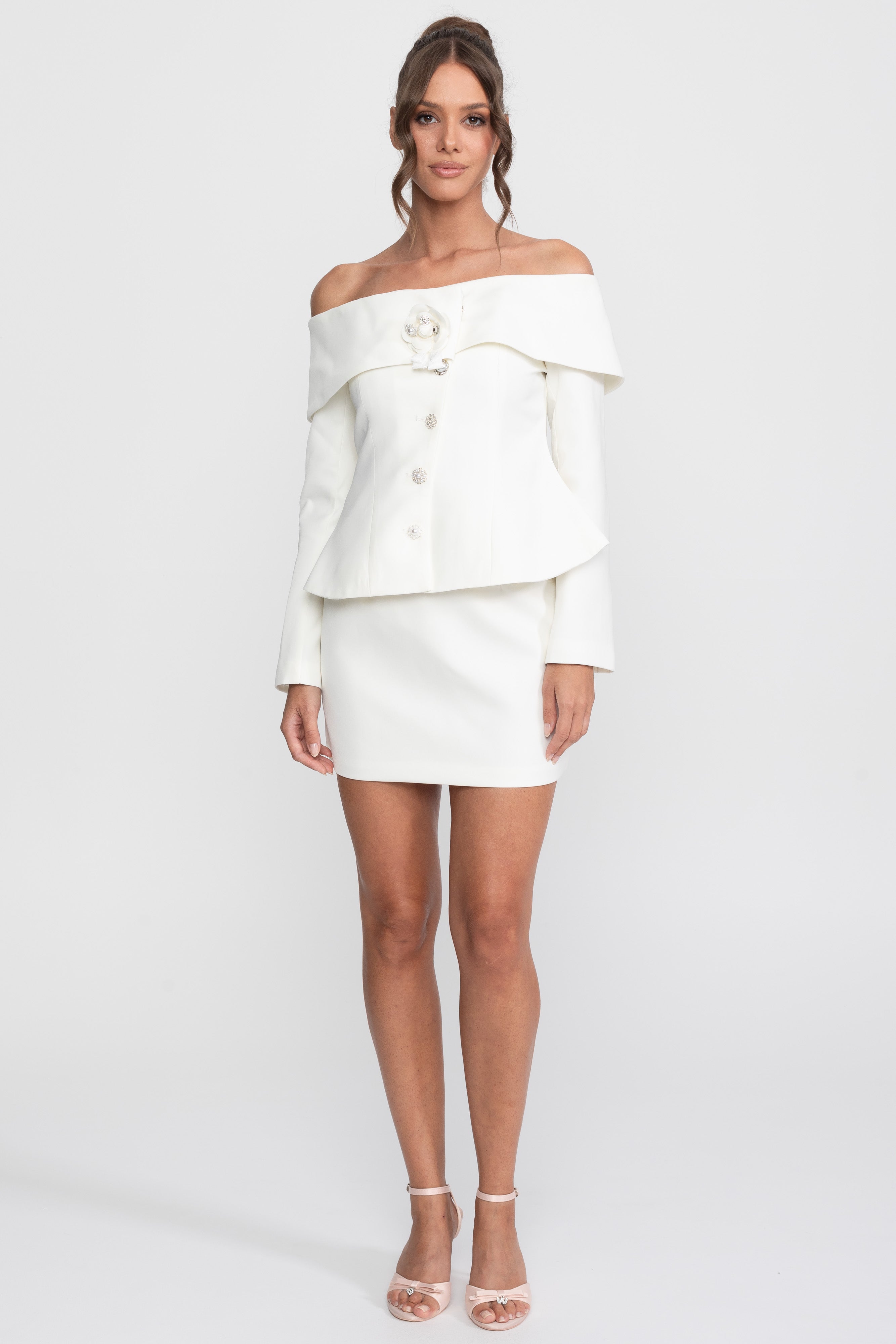 Set elegant coord cu top peplum off-shoulder și fustă mini - Alb