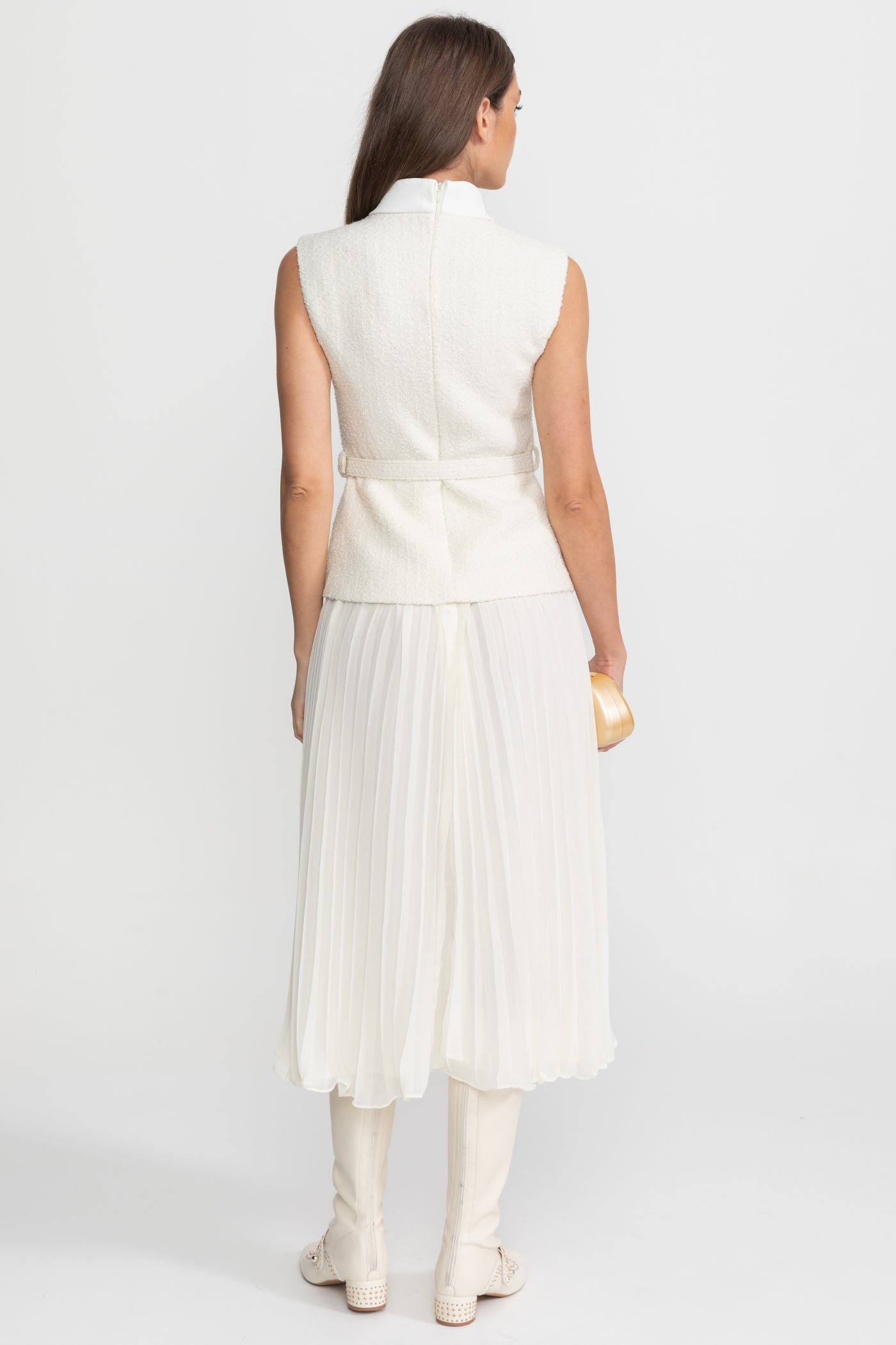 Sleeveless Textured Midi Dress with Pleated Chiffon Skirt – Ivoire