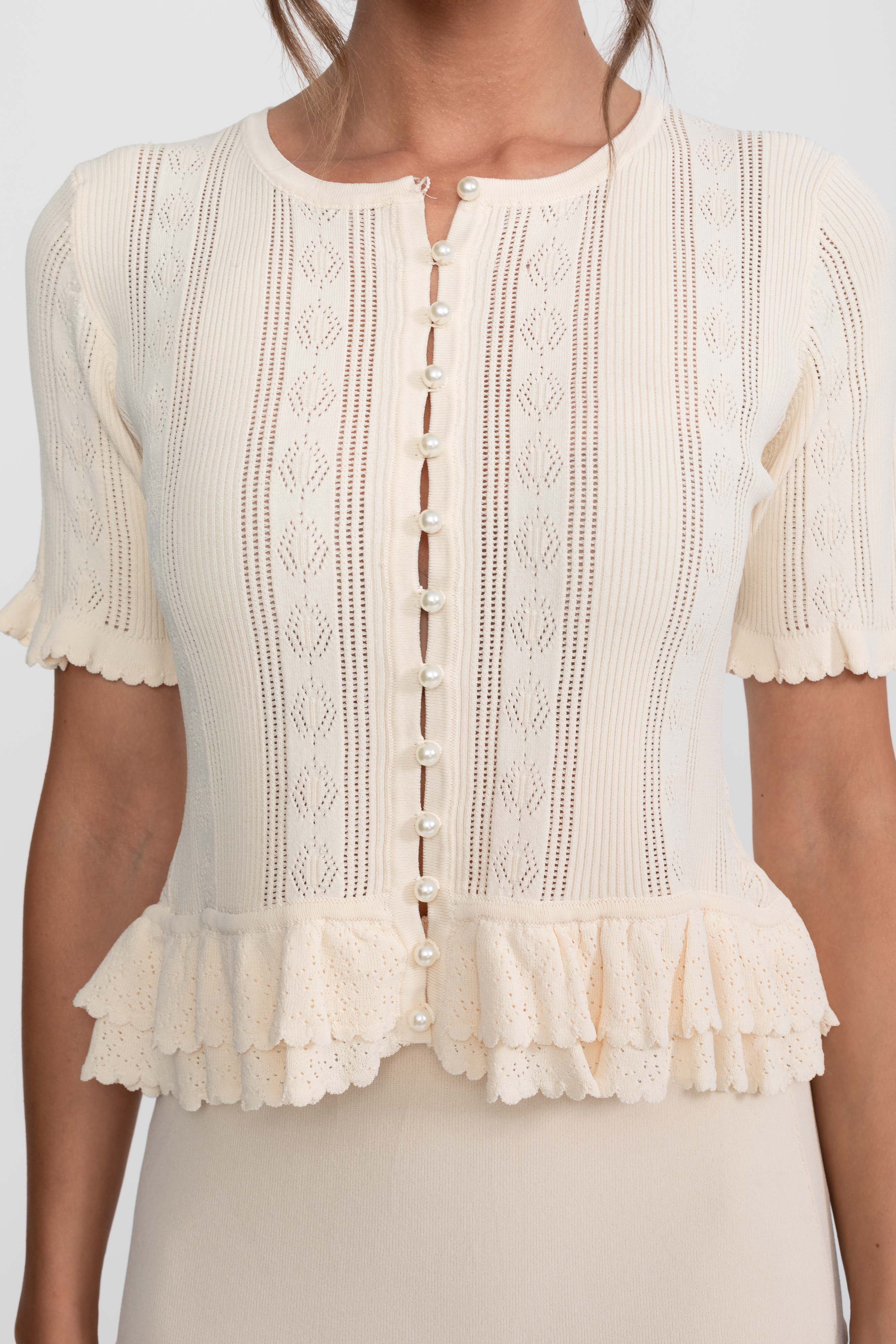 Set coordonat din tricot, două piese, cu talie cu volane - Ivoire