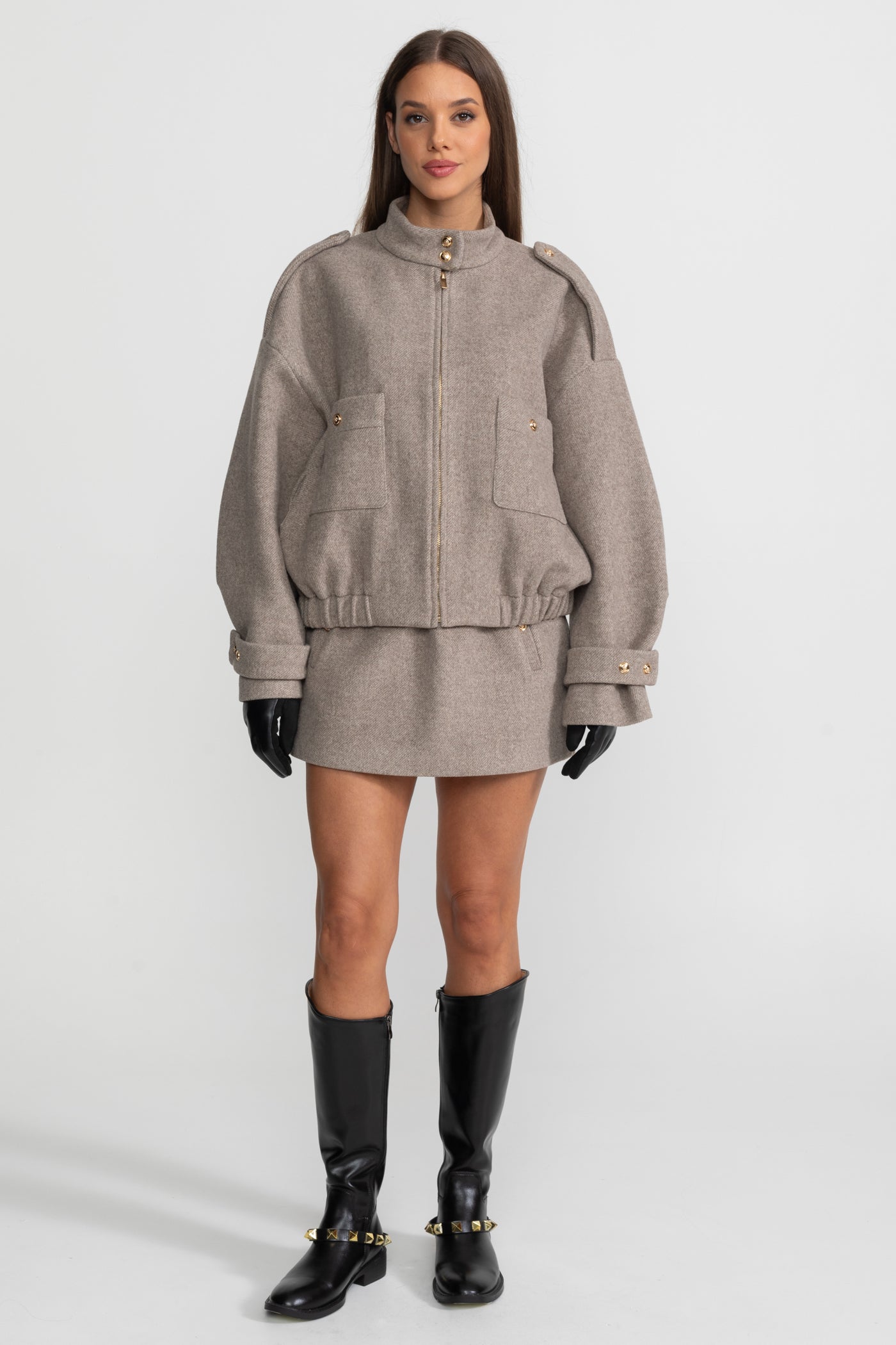 Structured Wool Bomber Jacket and Mini Skirt Co-Ord Set – Taupe