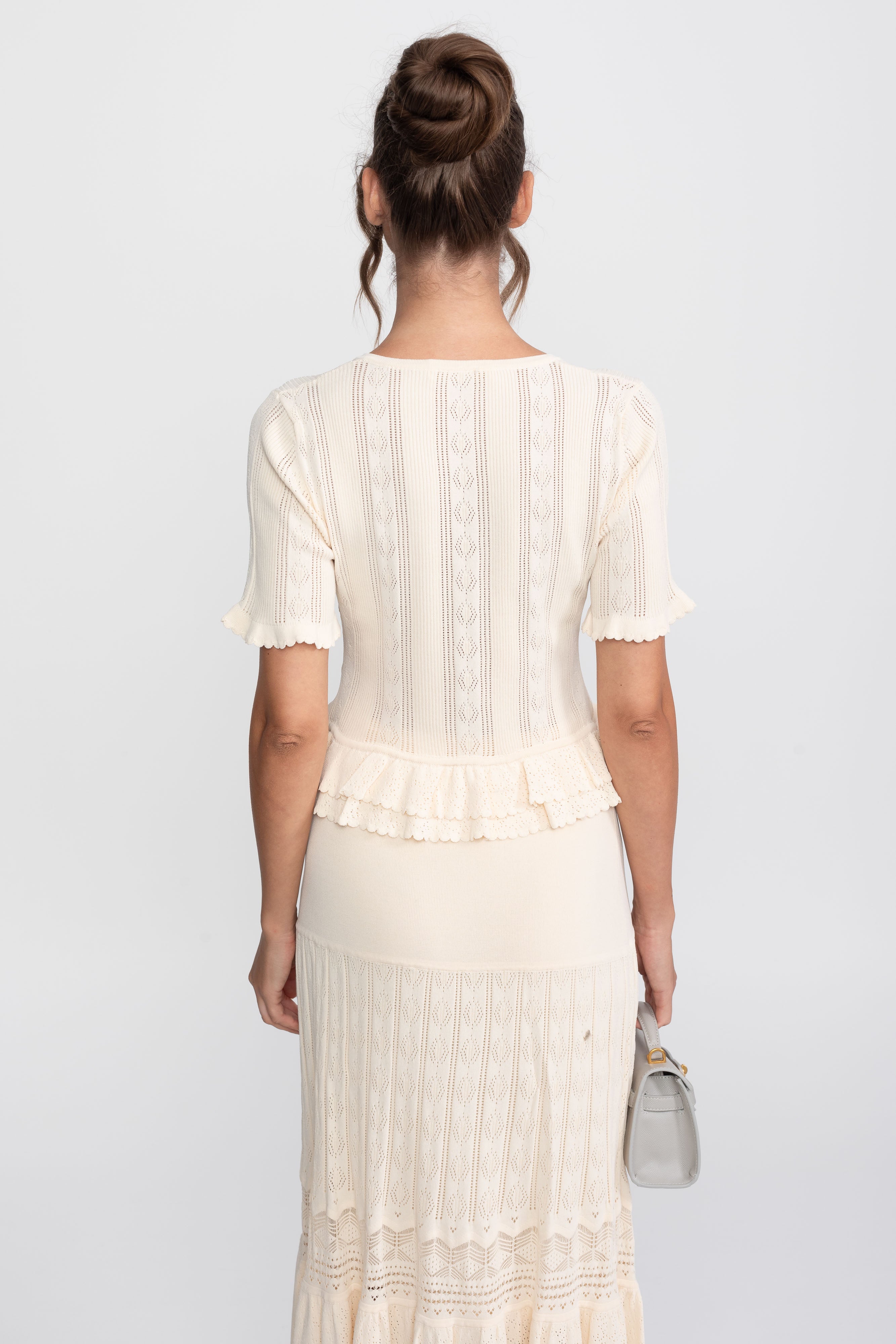 Set coordonat din tricot, două piese, cu talie cu volane - Ivoire