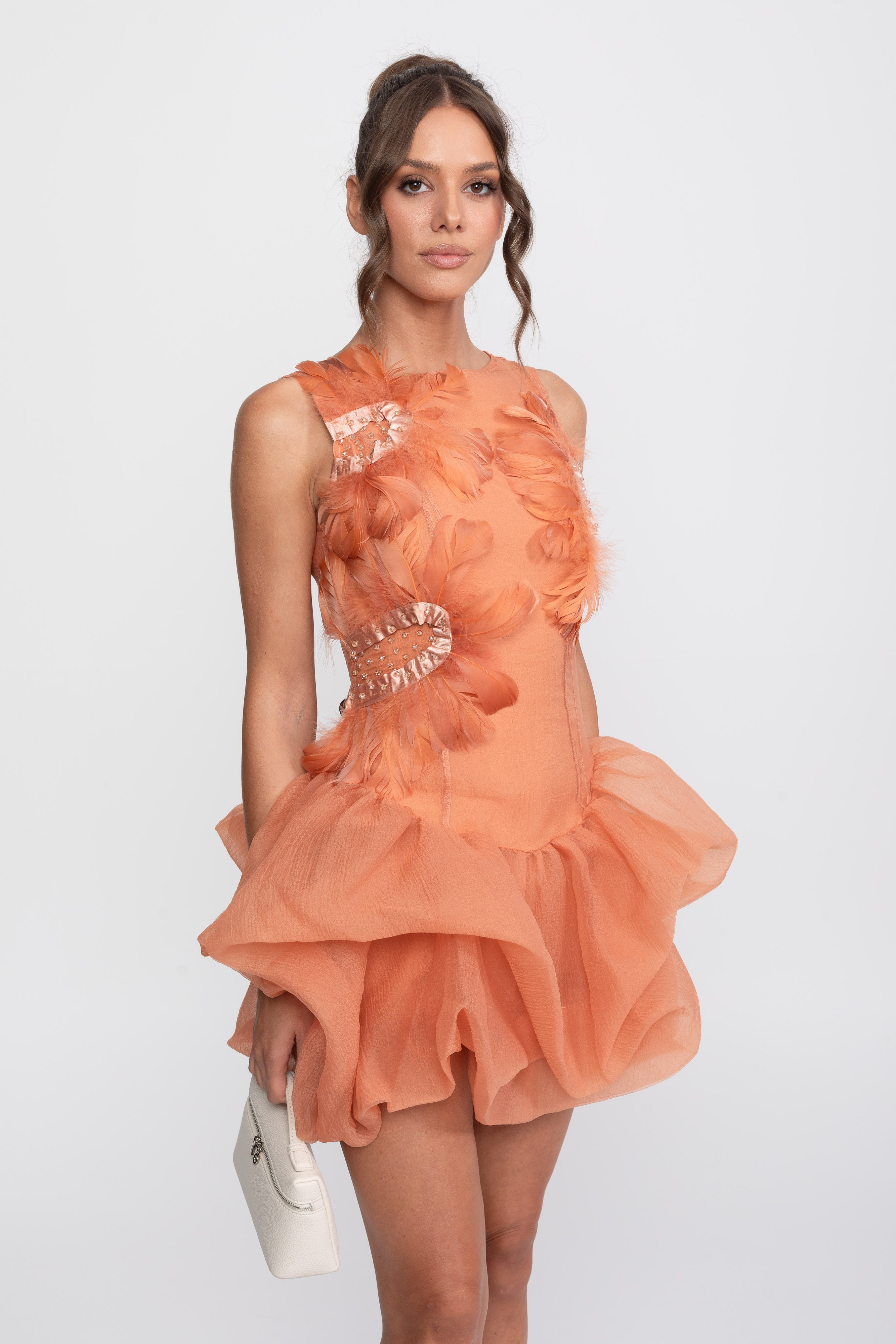 3D Feather Applique Peplum Mini Dress With Crystal Beads - Orange
