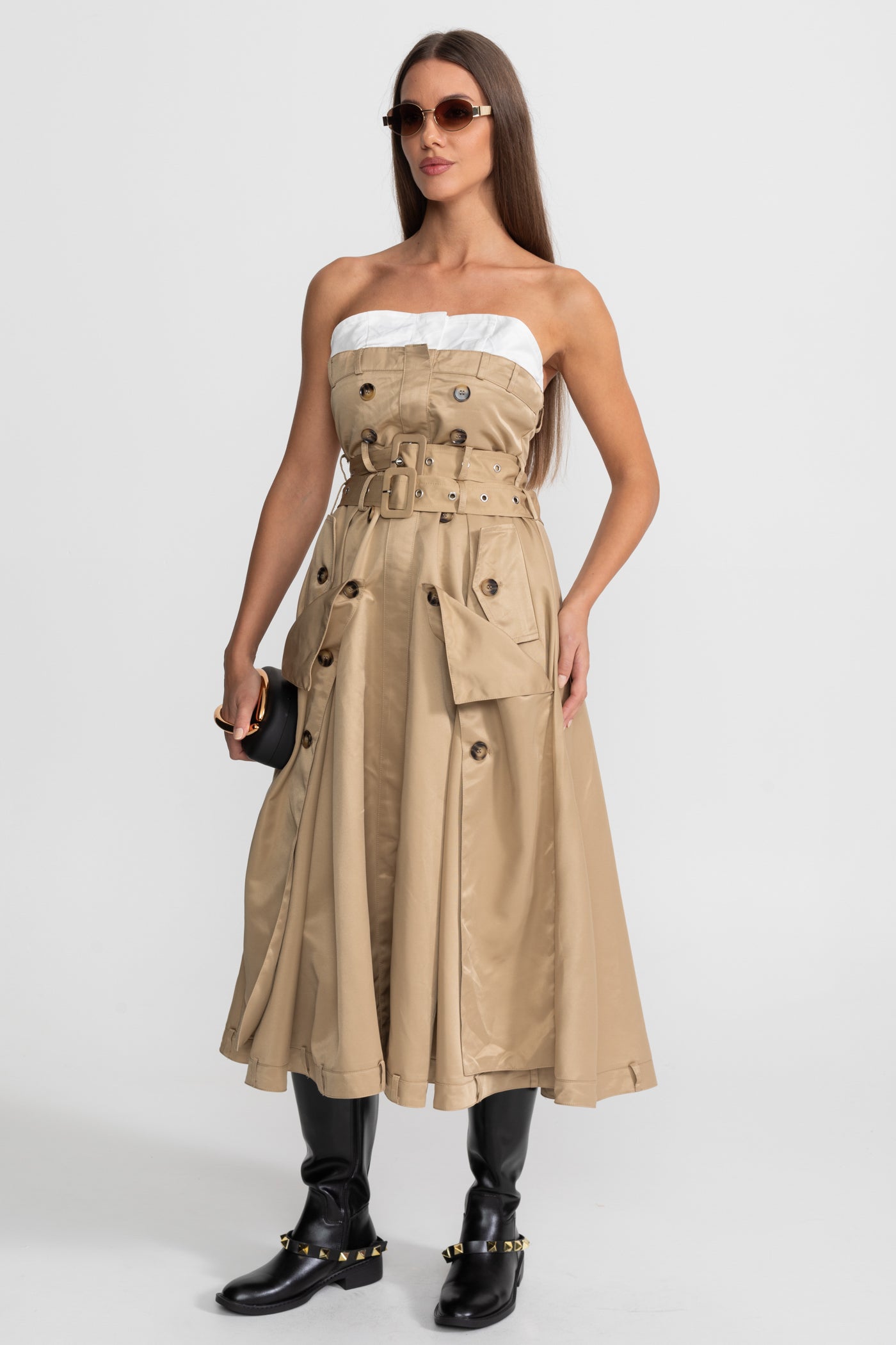 Strapless Trench Midi Dress With Belted Waist – Beige