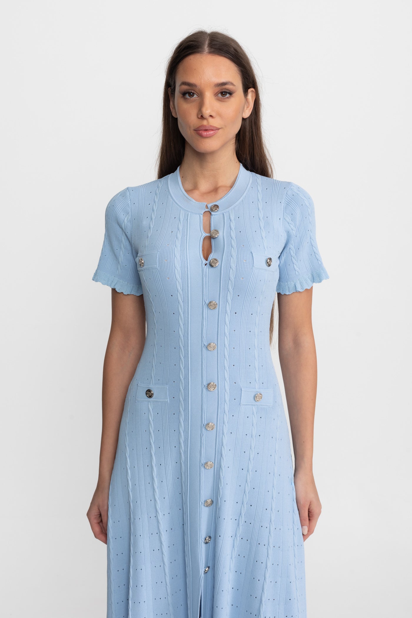 Knit Button-Front Midi Dress with Scalloped Sleeves – Baby Blue