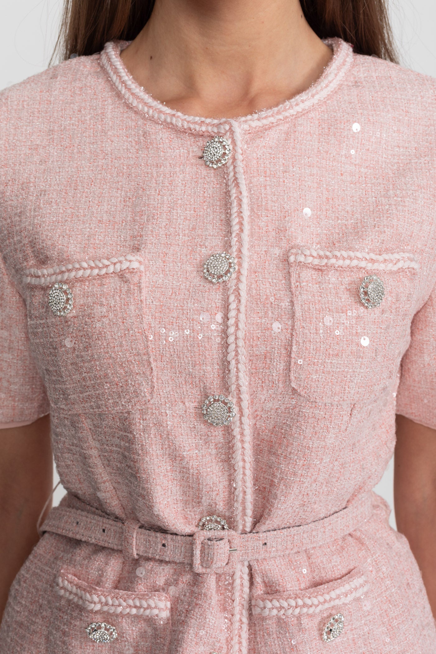 Rochie Midi din Tweed Împodobită cu Fustă Plisată din Șifon – Blush Pink
