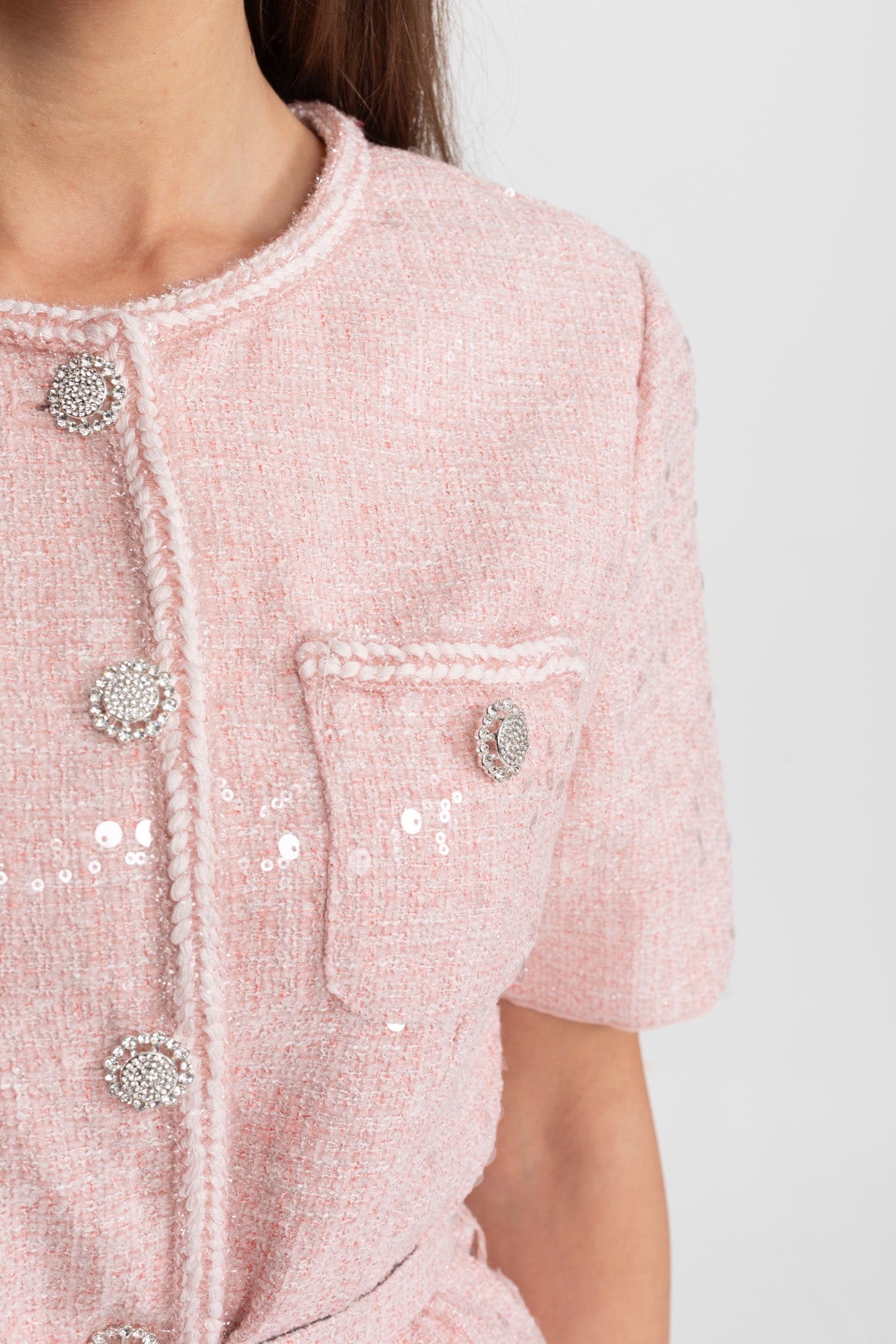 Rochie Midi din Tweed Împodobită cu Fustă Plisată din Șifon – Blush Pink