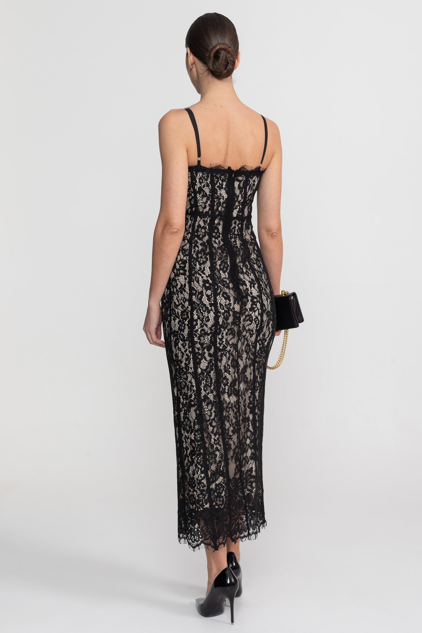 Rochie midi din dantelă cu corset transparent - Negru