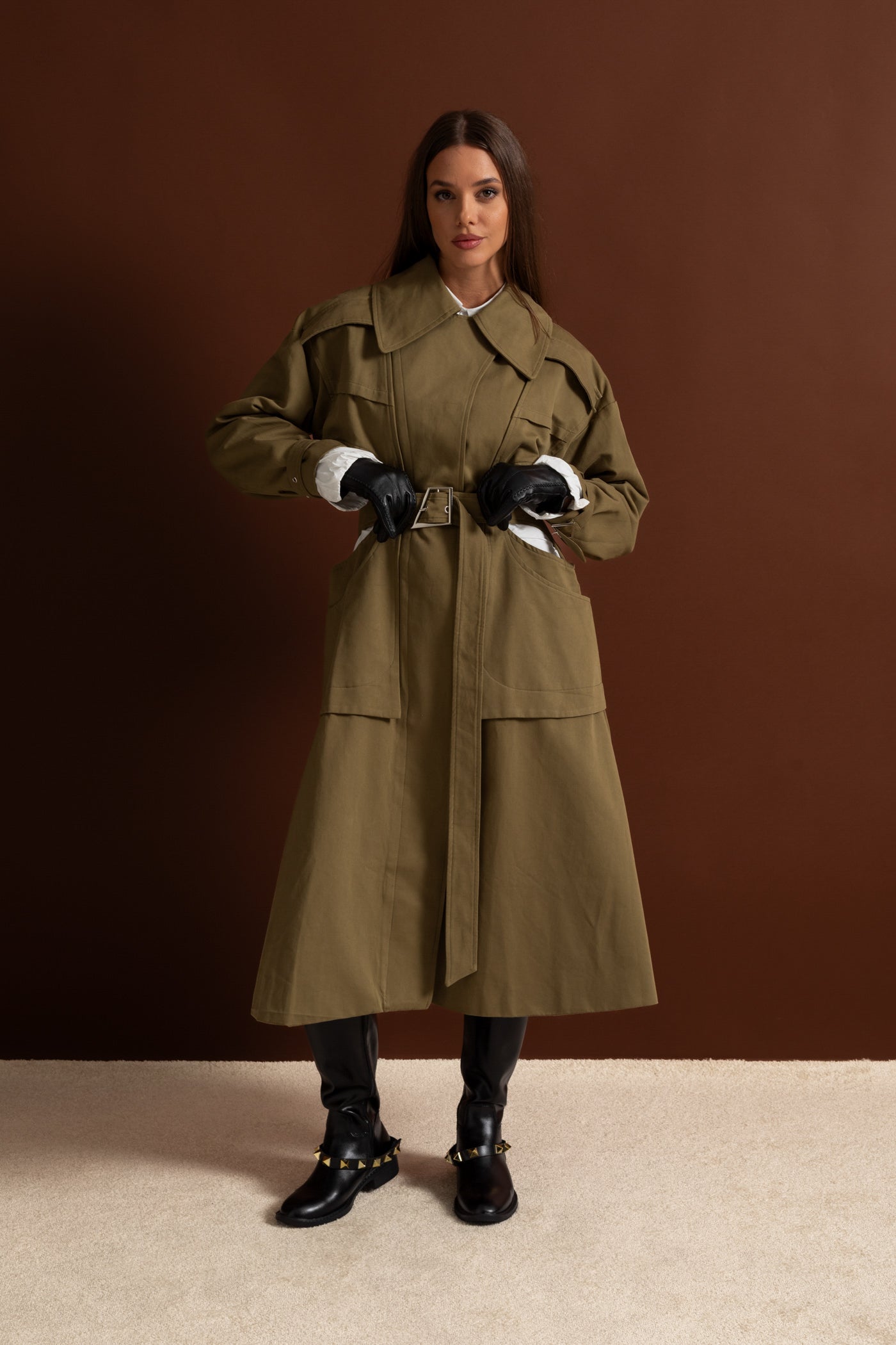 Trenci cu decupaje, talie cu curea și buzunare utilitare - Khaki