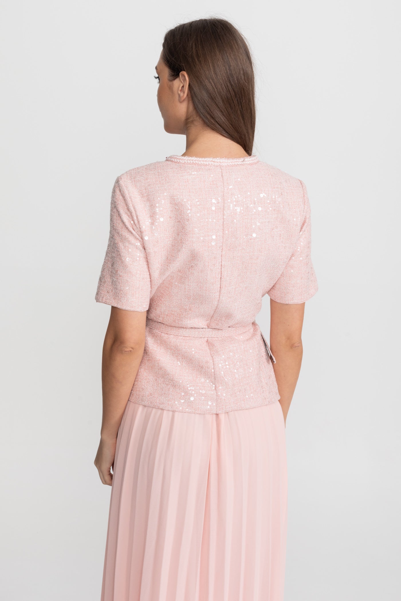 Rochie Midi din Tweed Împodobită cu Fustă Plisată din Șifon – Blush Pink