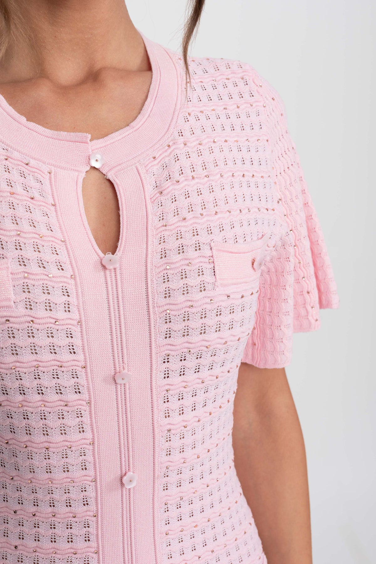 Rochie midi cu mânecă scurtă și textură tricotată cu efect strălucitor - roz
