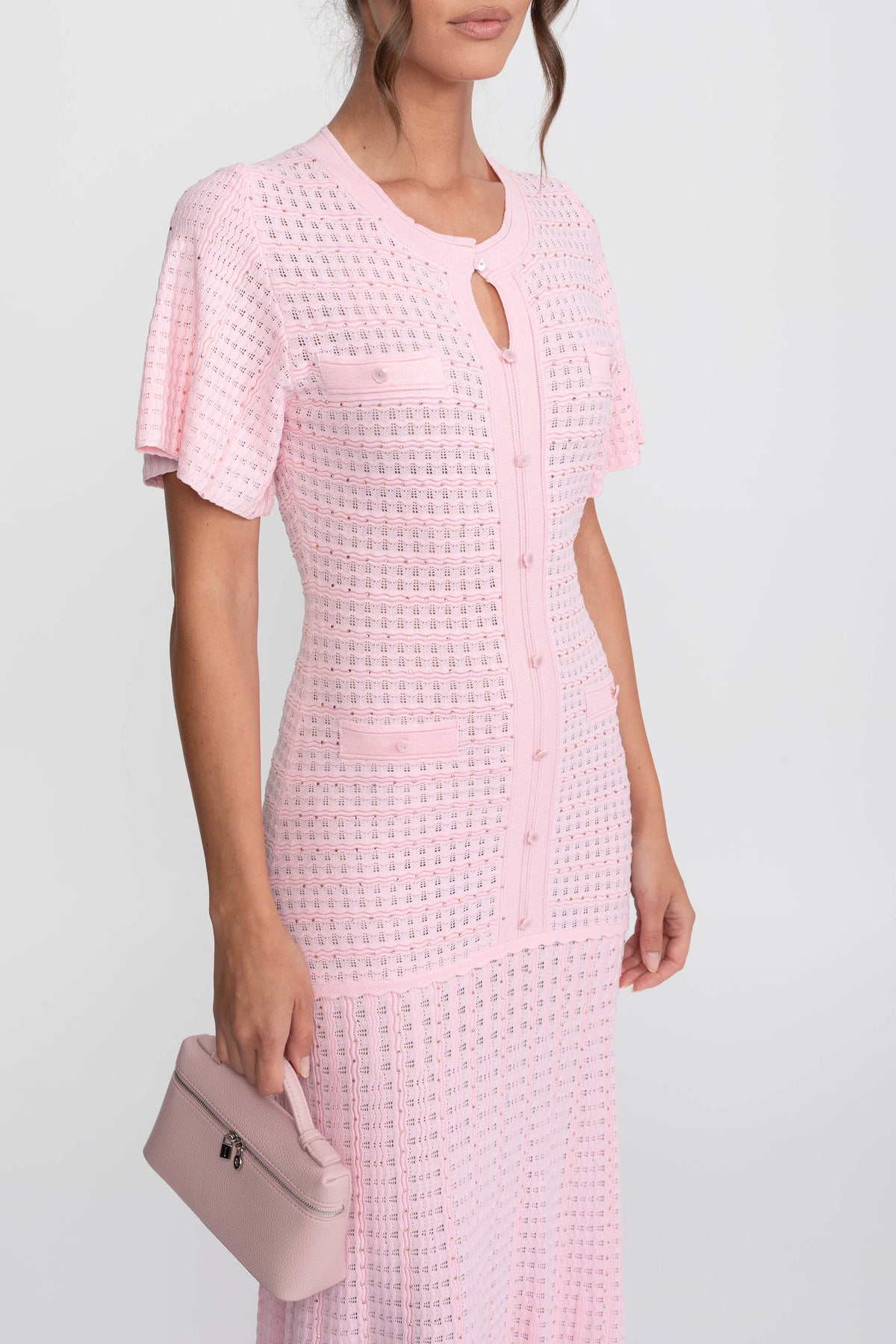 Rochie midi cu mânecă scurtă și textură tricotată cu efect strălucitor - roz