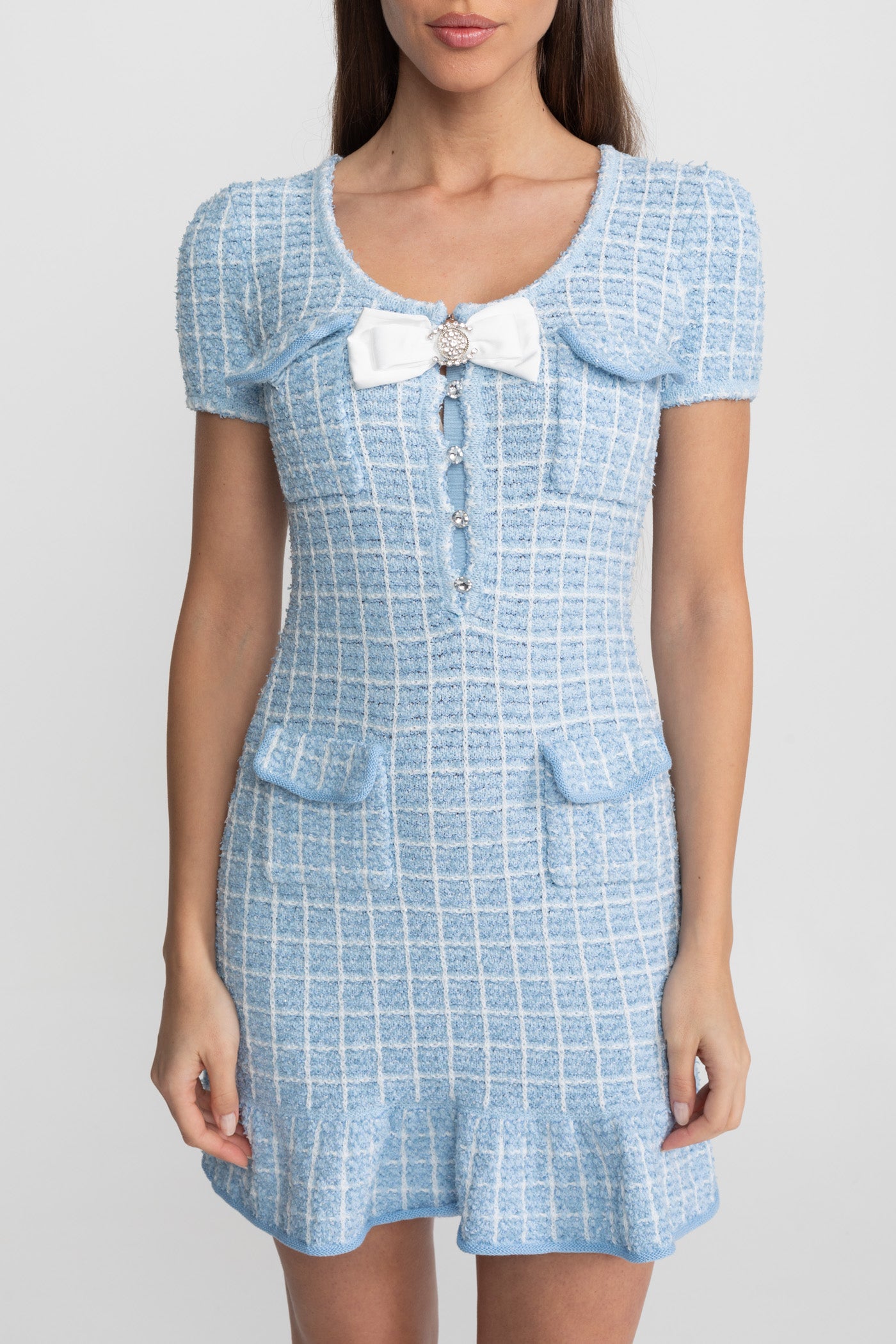 Textured Tweed Mini Dress with Bow Detail – Light Blue