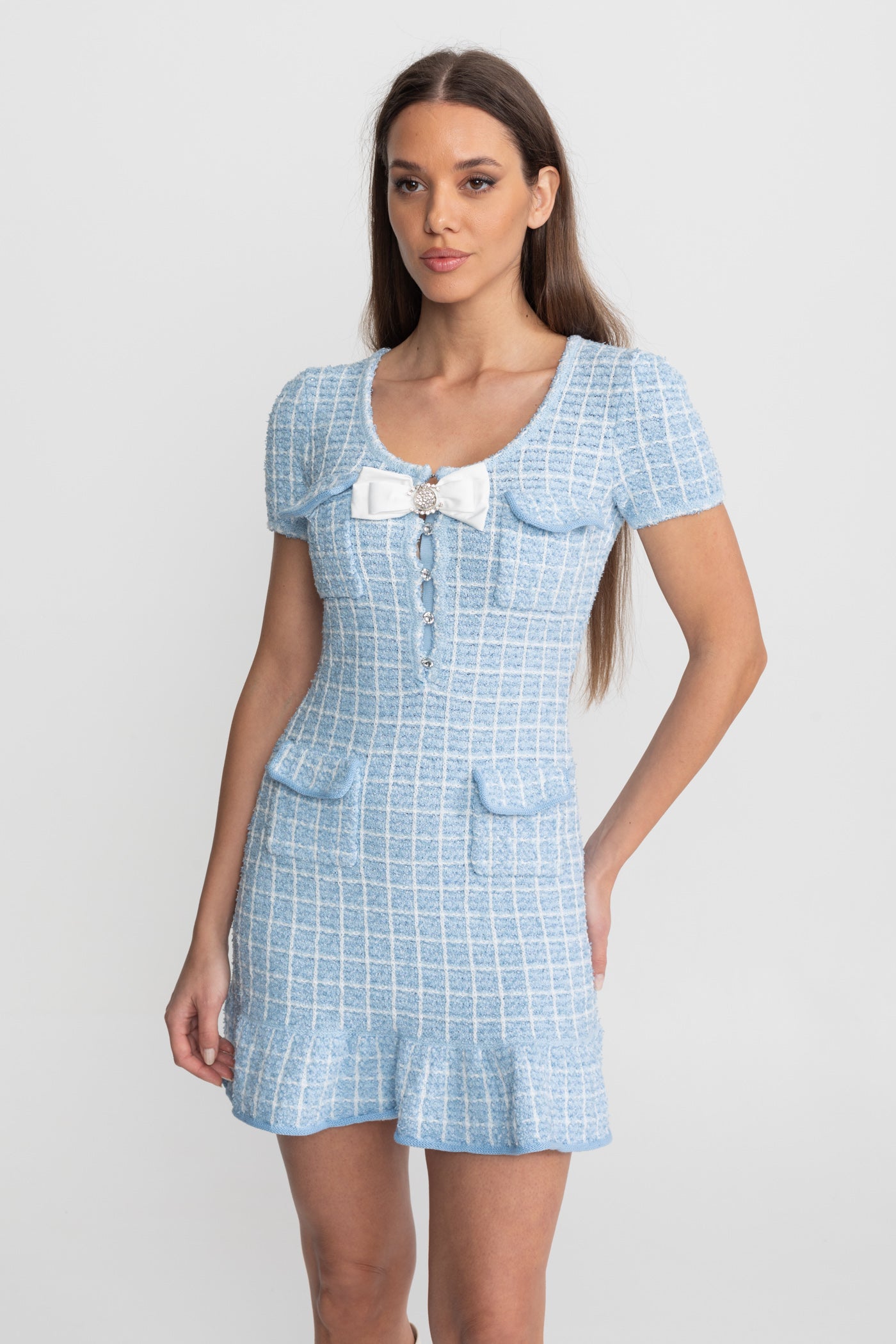 Textured Tweed Mini Dress with Bow Detail – Light Blue