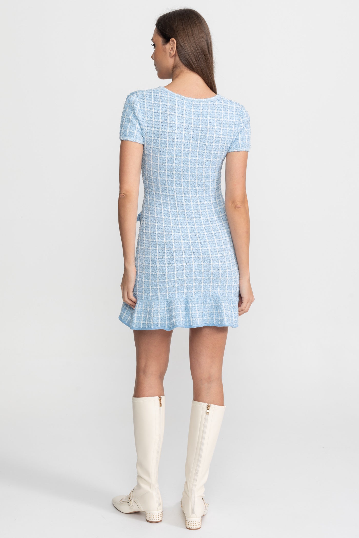 Textured Tweed Mini Dress with Bow Detail – Light Blue