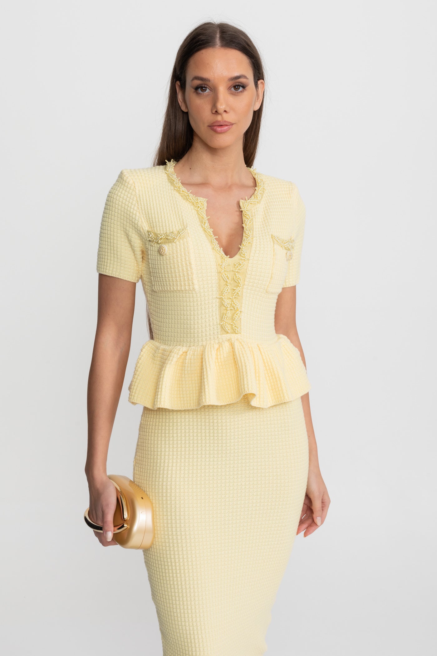 Rochie Midi Tricotată Texturată cu Detaliu Peplum în Talie – Galben
