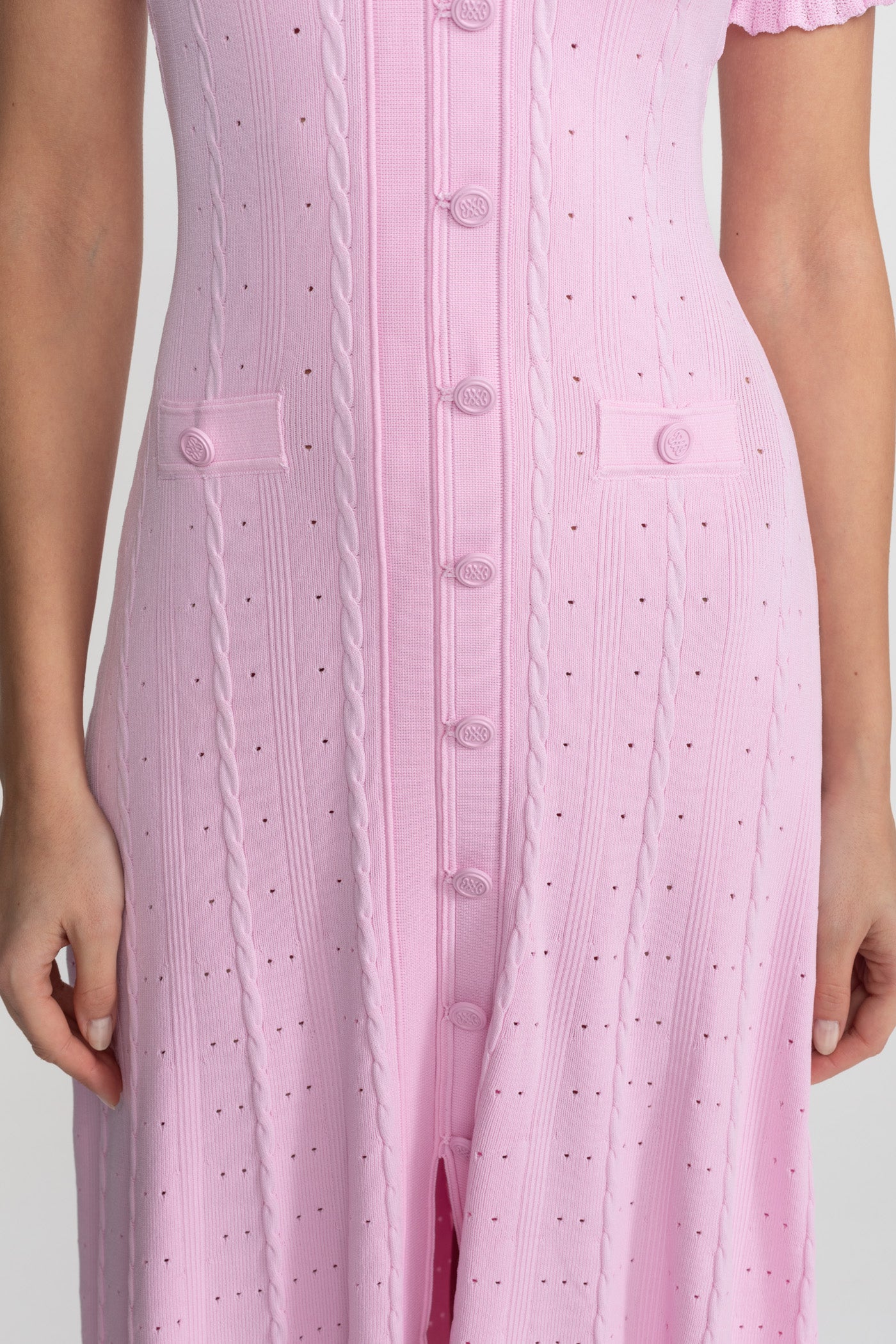 Knit Button-Front Midi Dress with Scalloped Sleeves – Pink