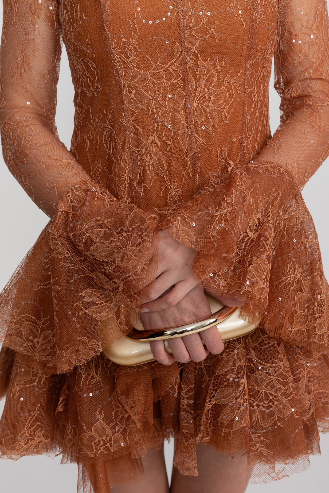 Sheer Lace Long Sleeve Mini Dress With Ruffled Hem - Rust