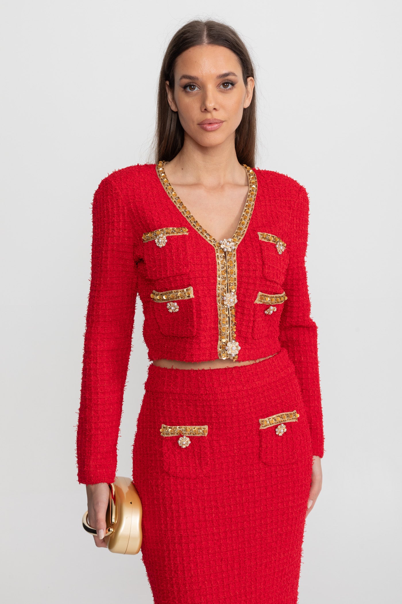 Set Co-Ord din Tweed Texturat cu Margini Aurii și Nasturi cu Cristale – Roșu