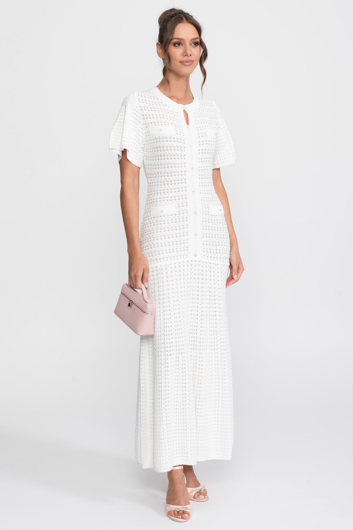 Rochie midi cu mânecă scurtă și textură tricotată cu sclipiri - Alb