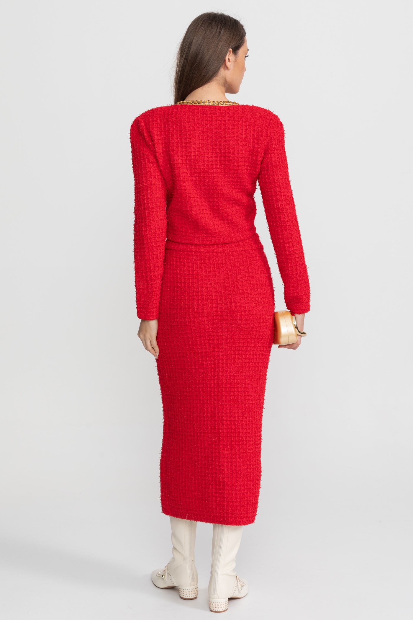 Set Co-Ord din Tweed Texturat cu Margini Aurii și Nasturi cu Cristale – Roșu