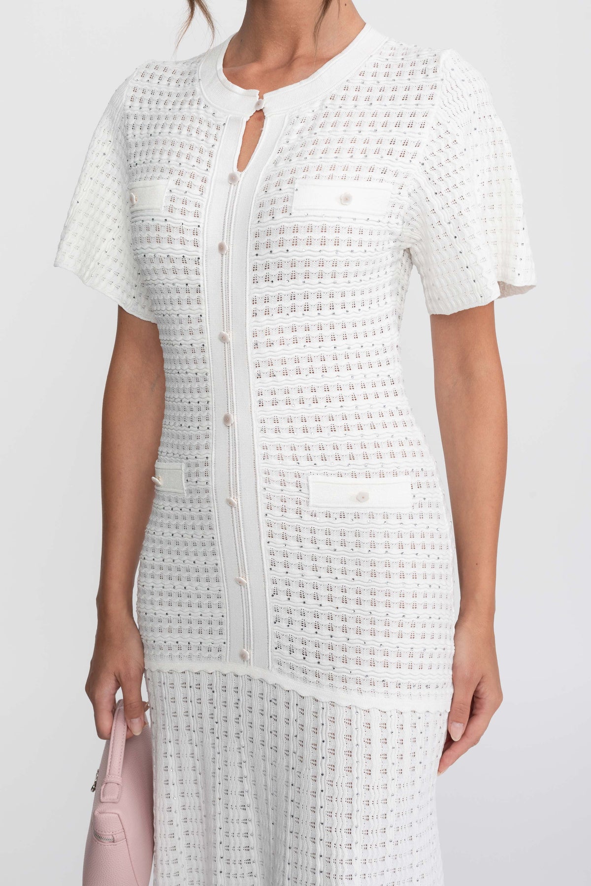 Rochie midi cu mânecă scurtă și textură tricotată cu sclipiri - Alb