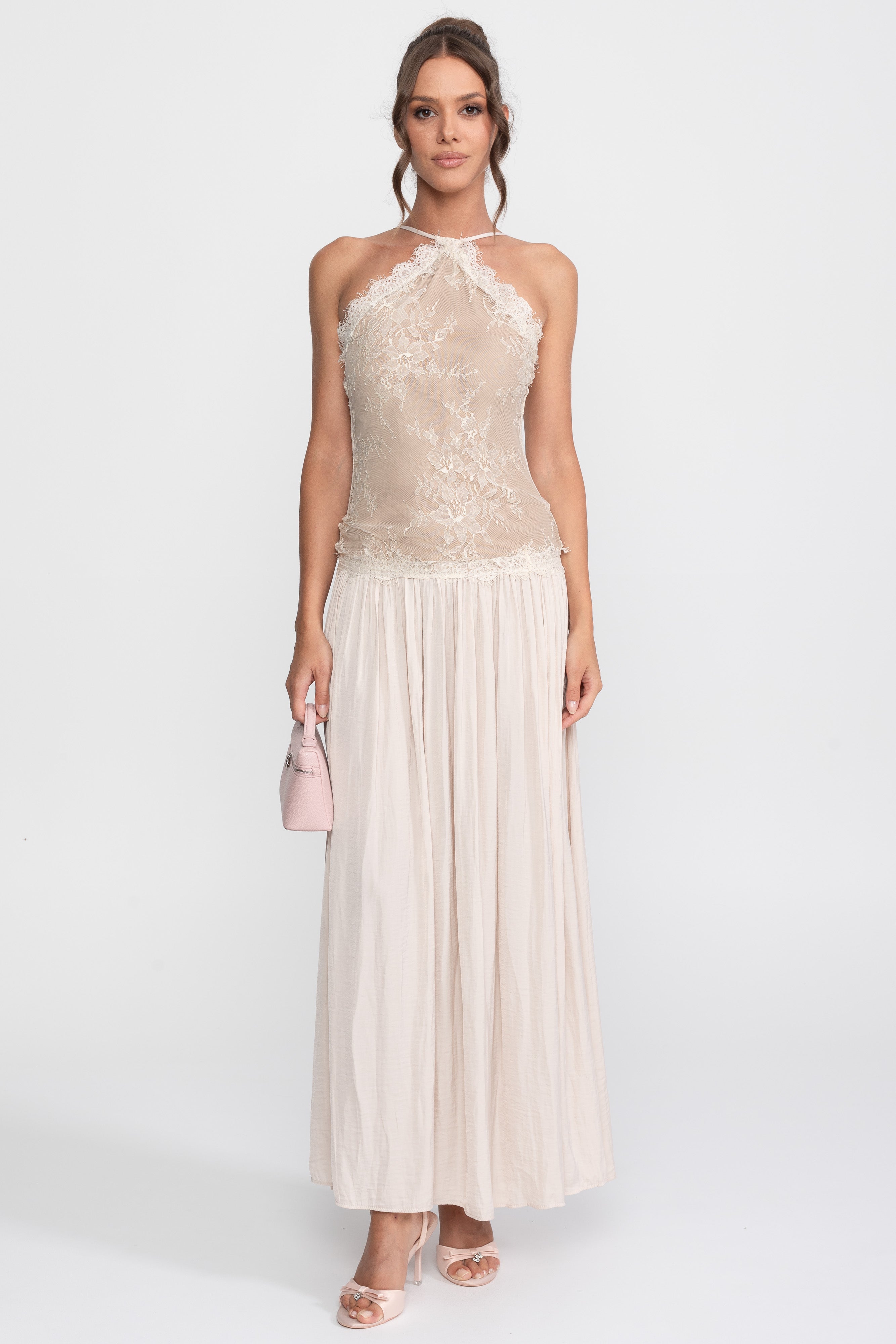 Rochie maxi fără mâneci cu halter din dantelă și fustă plisată - Cream