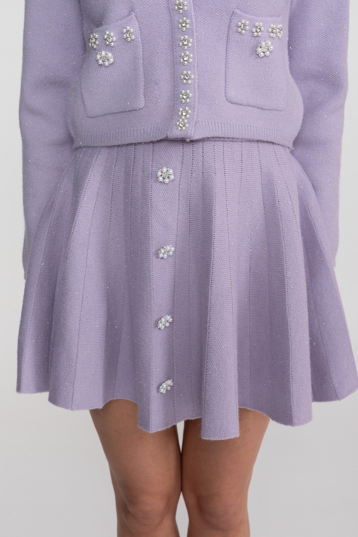Set tricotat coordonat cu cardigan cu mâneci lungi și fustă mini asortată - Lilac