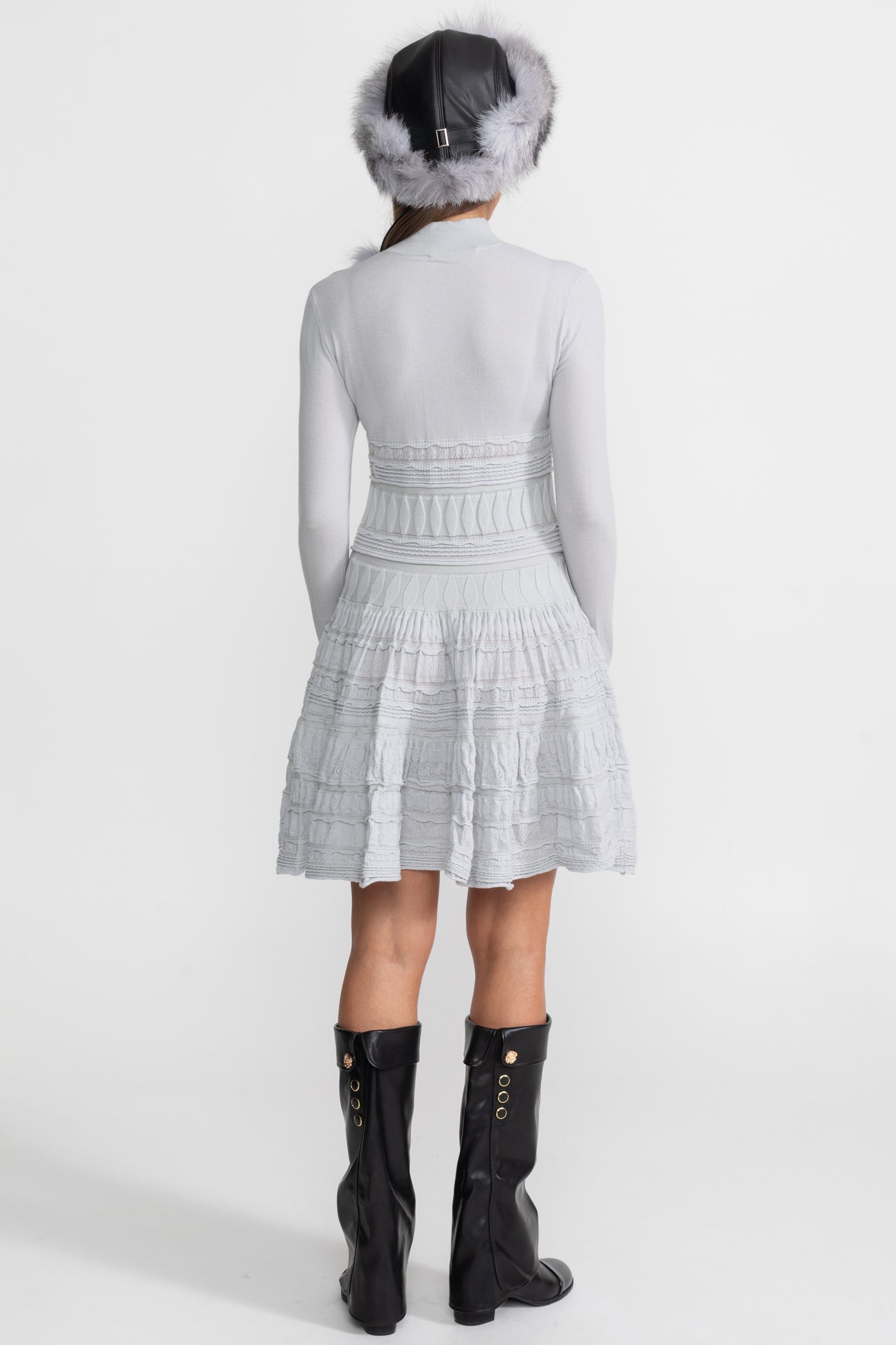 Rochie mini tricotată texturată cu fustă evazată - Gri deschis