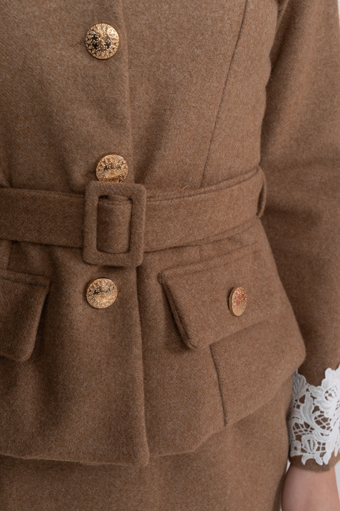 Tailored Co-Ord Set With Lace Trim Detailing - Camel