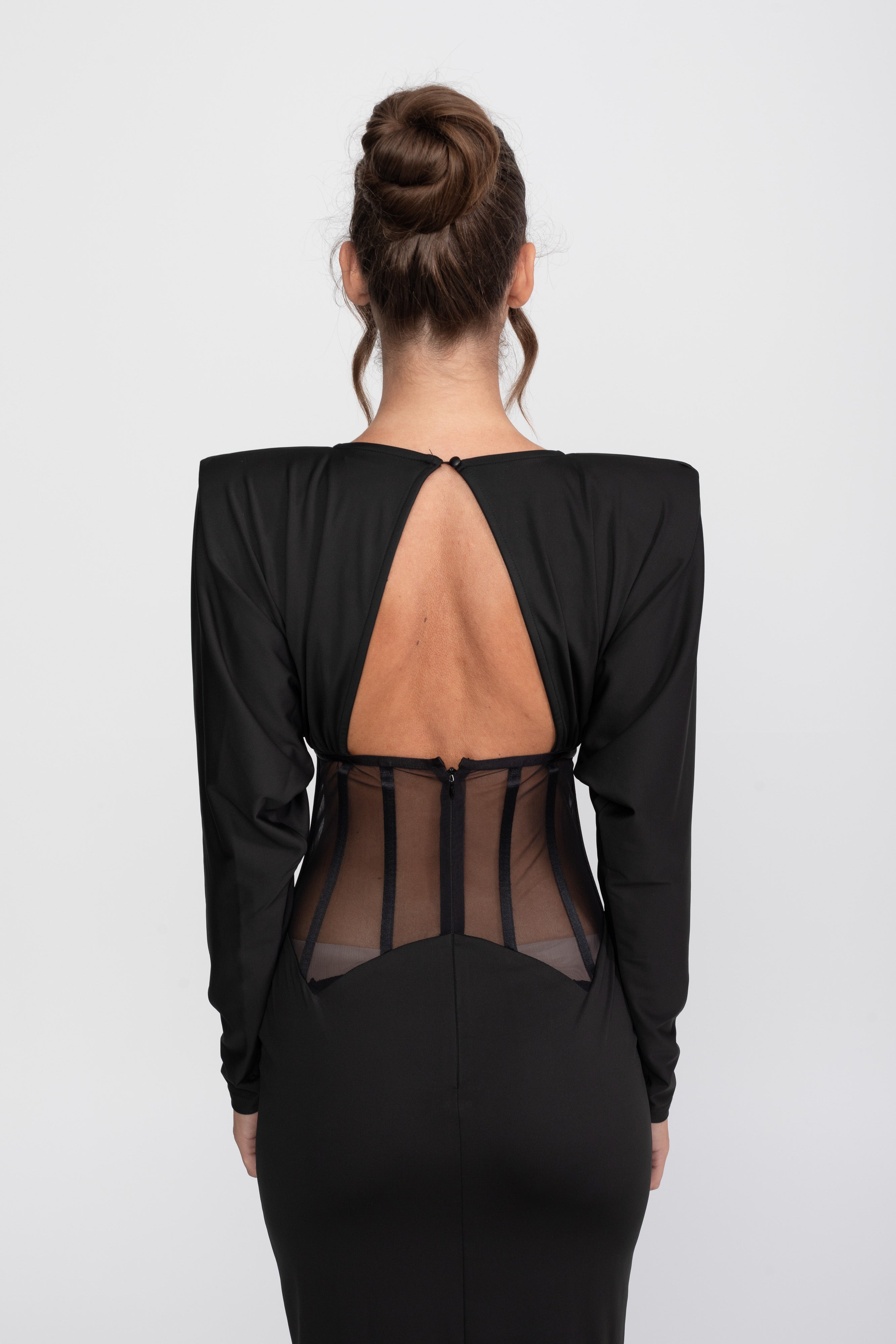 Cutout Sheer Panel Gown With Long Sleeves - Black
