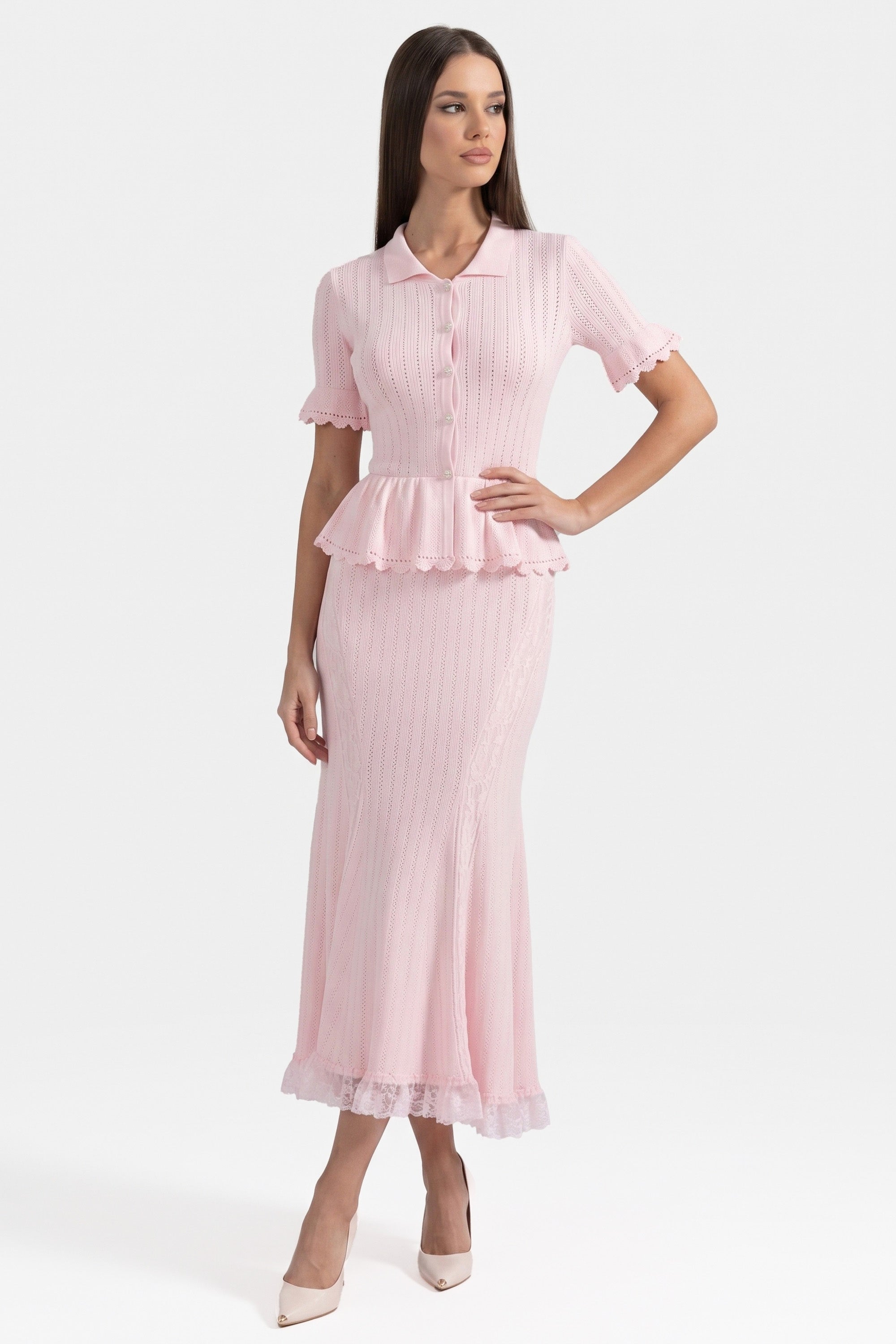 Rochie maxi tricotată peplum cu guler Peter-Pan și tiv din dantelă - Pink