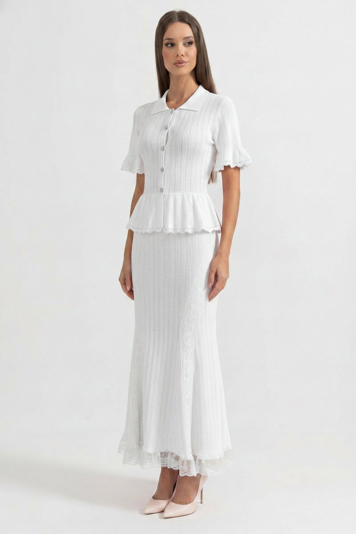Rochie maxi tricotată peplum cu guler Peter Pan și tiv din dantelă - Alb