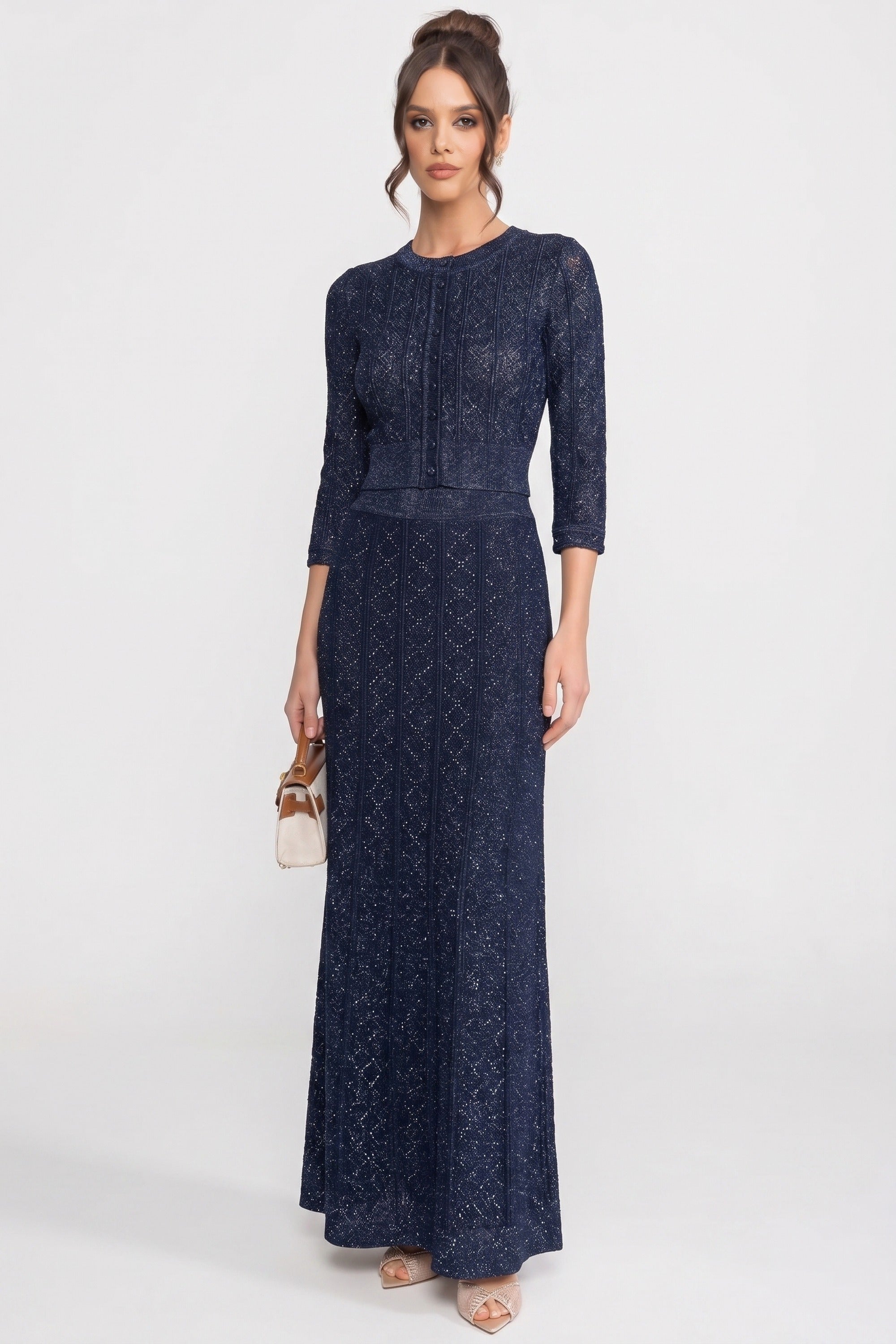 Set Co-Ord din dantelă cu model diamant și mânecă lungă, cu fustă maxi - Navy