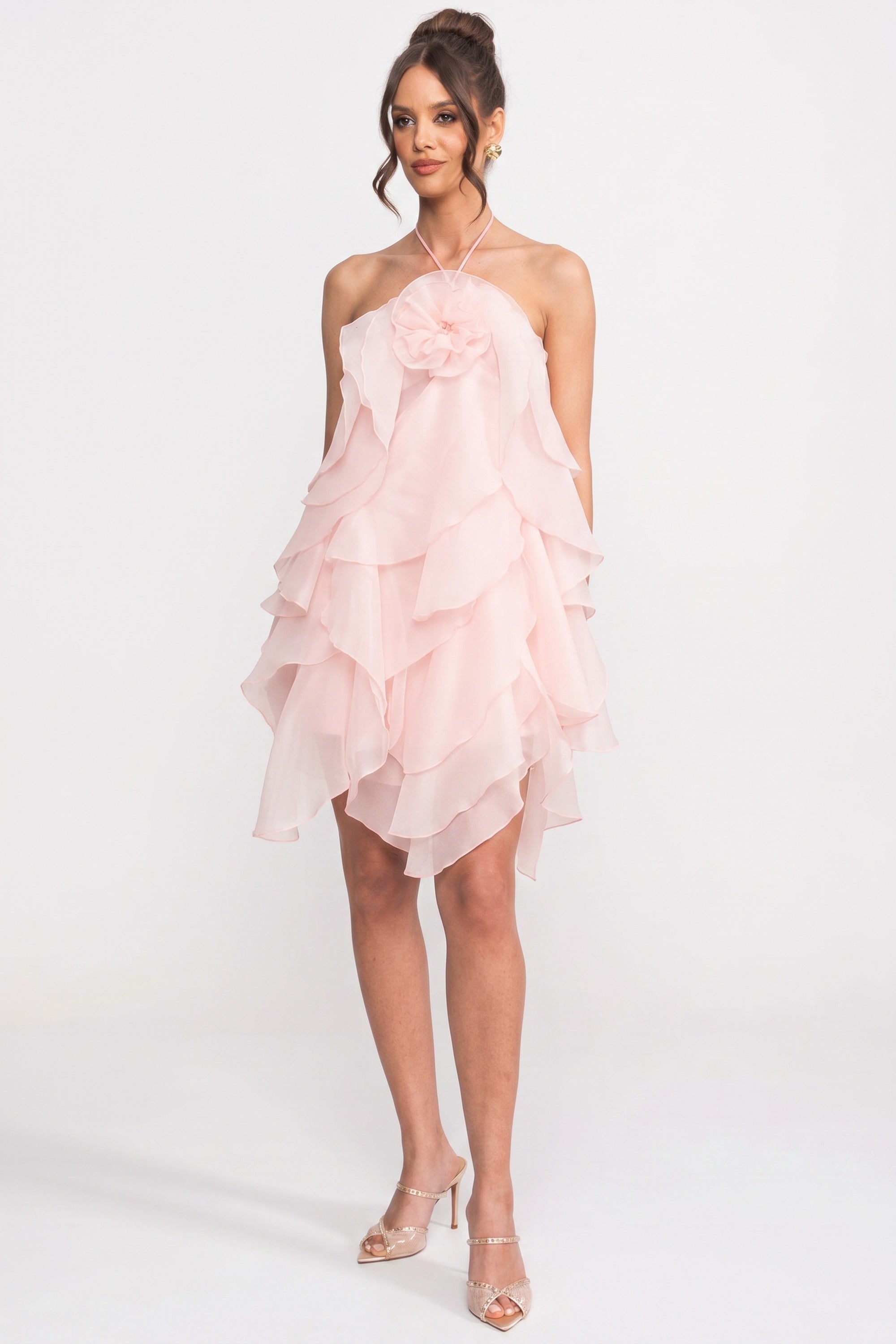 Rochie mini cu volane stratificate și guler halter cu flori 3D - Roz