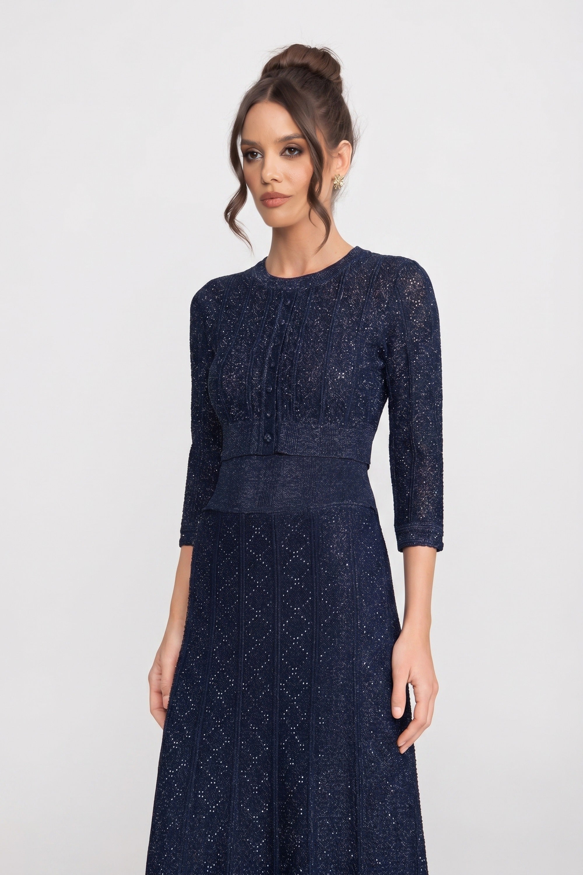 Set Co-Ord din dantelă cu model diamant și mânecă lungă, cu fustă maxi - Navy