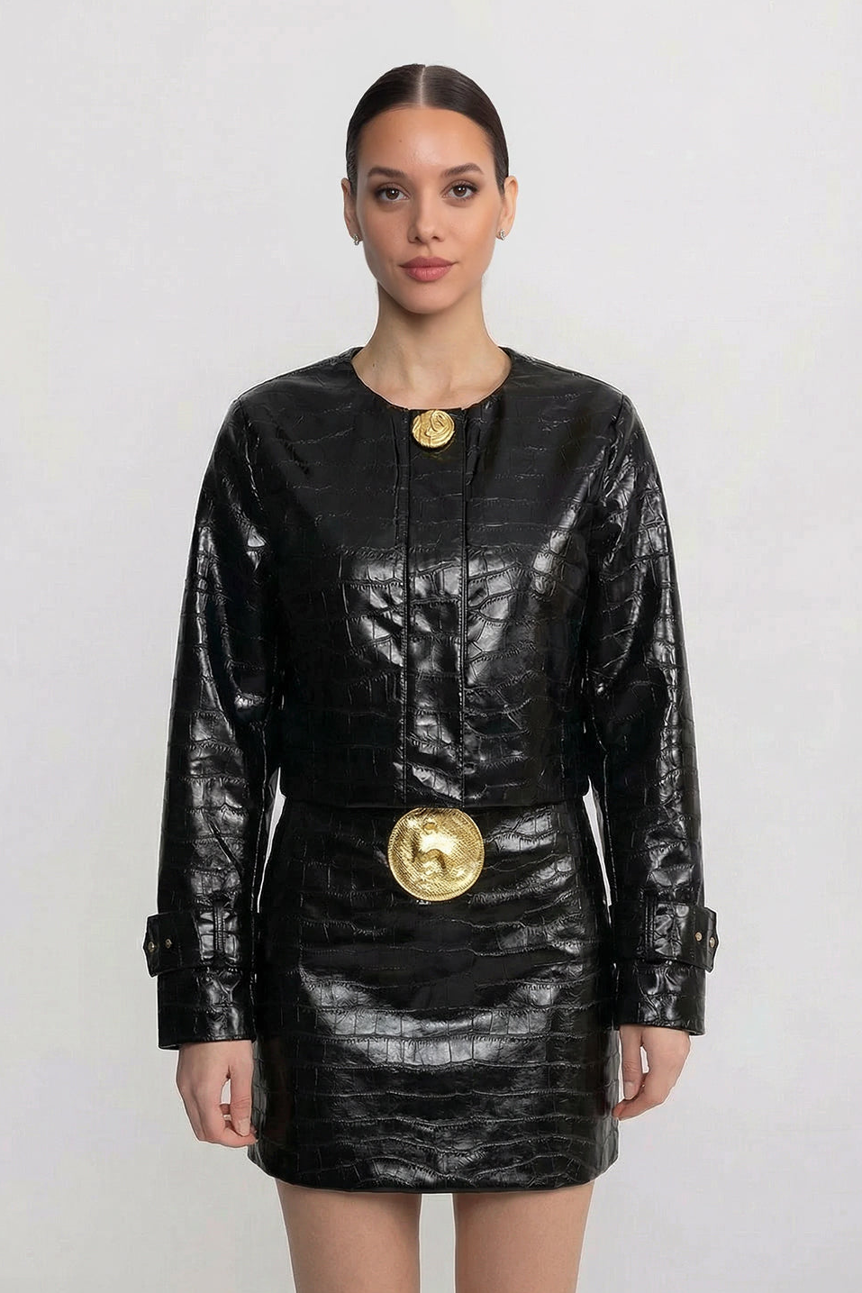 Croc-Effect Cropped Jacket With Gold Button Closure - Black