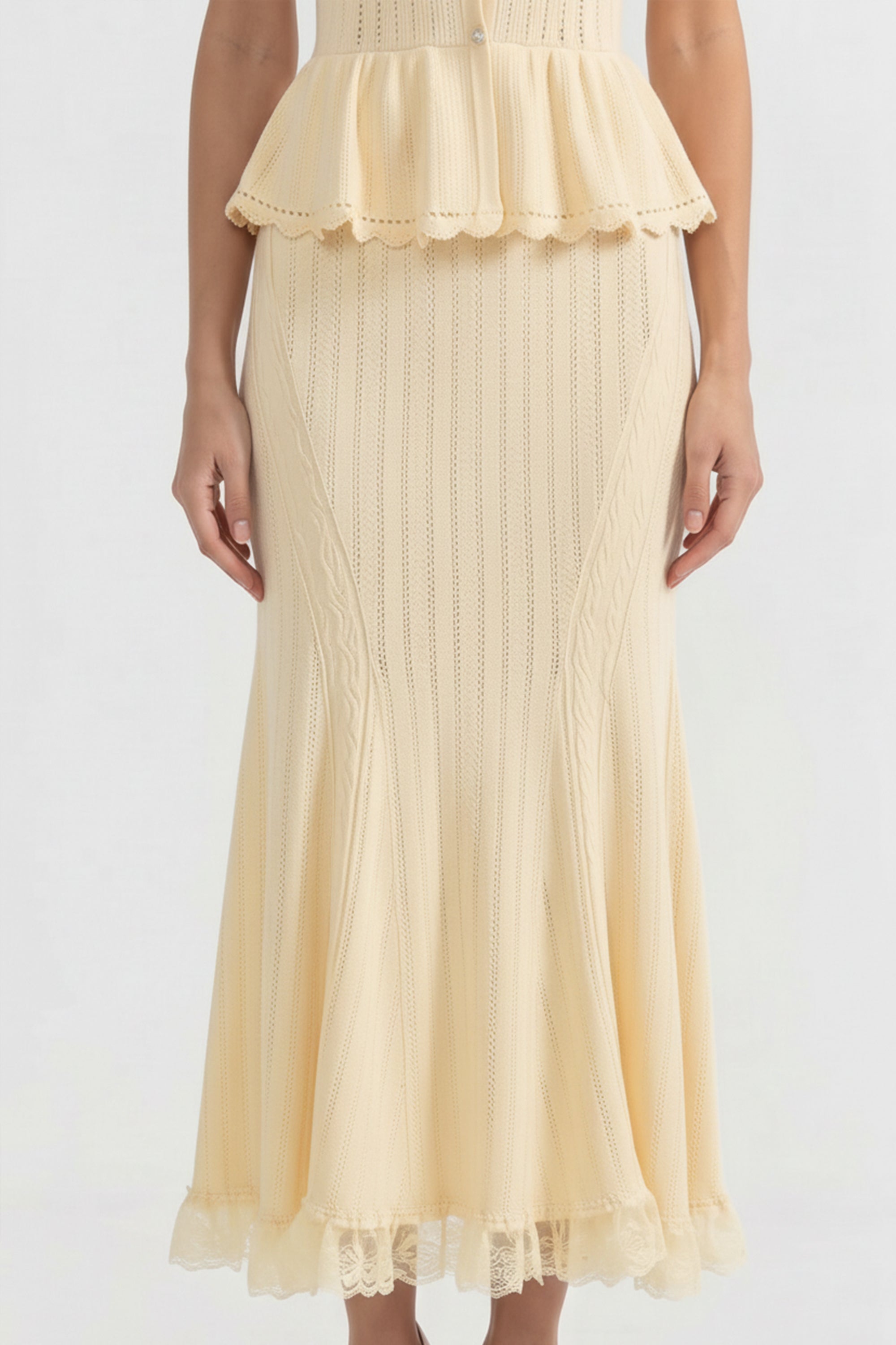 Rochie maxi tricotată peplum cu guler Peter Pan și tiv din dantelă - Galben