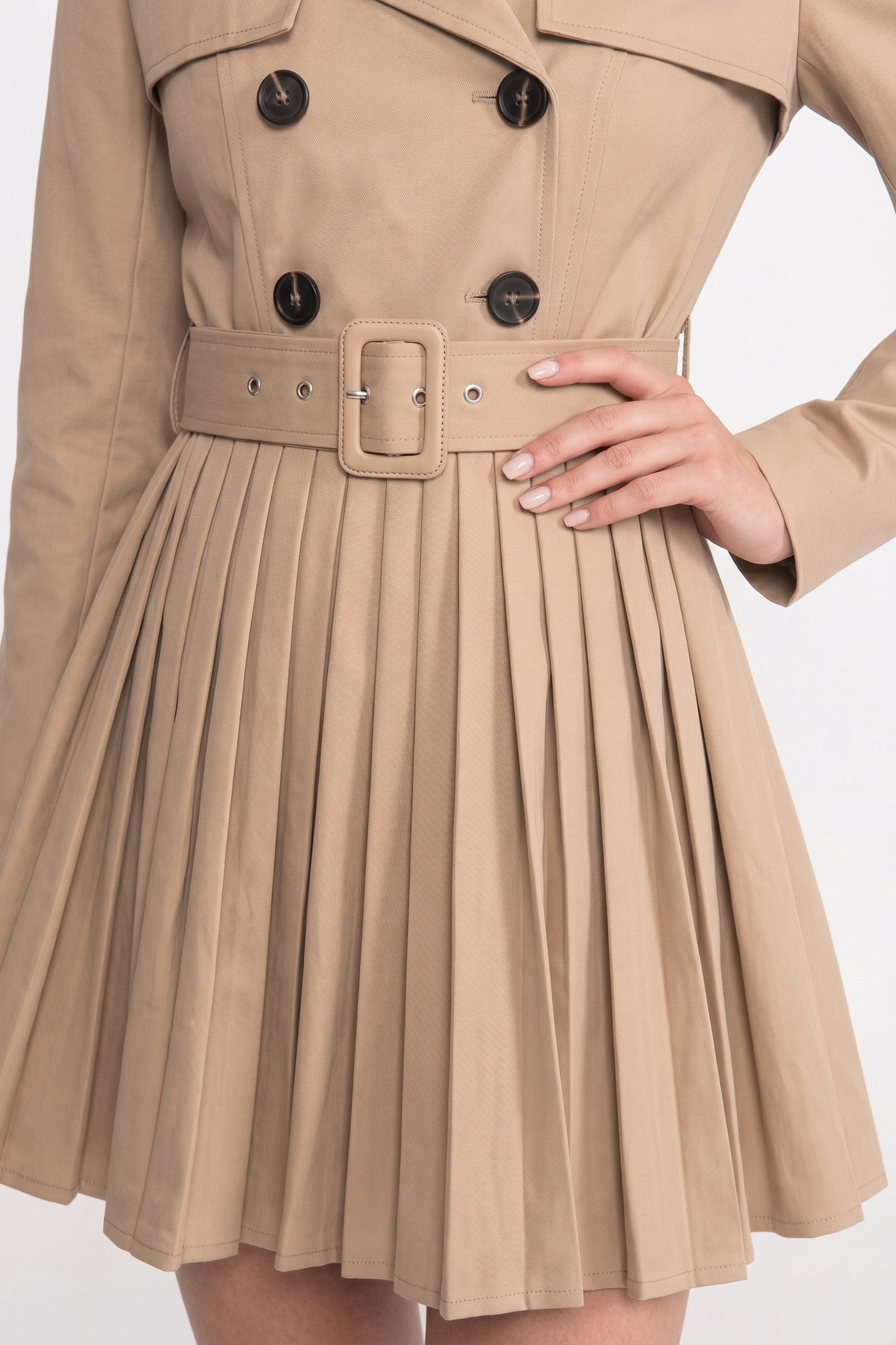 Trench coat cu două rânduri de nasturi și curea, cu fustă plisată - Khaki