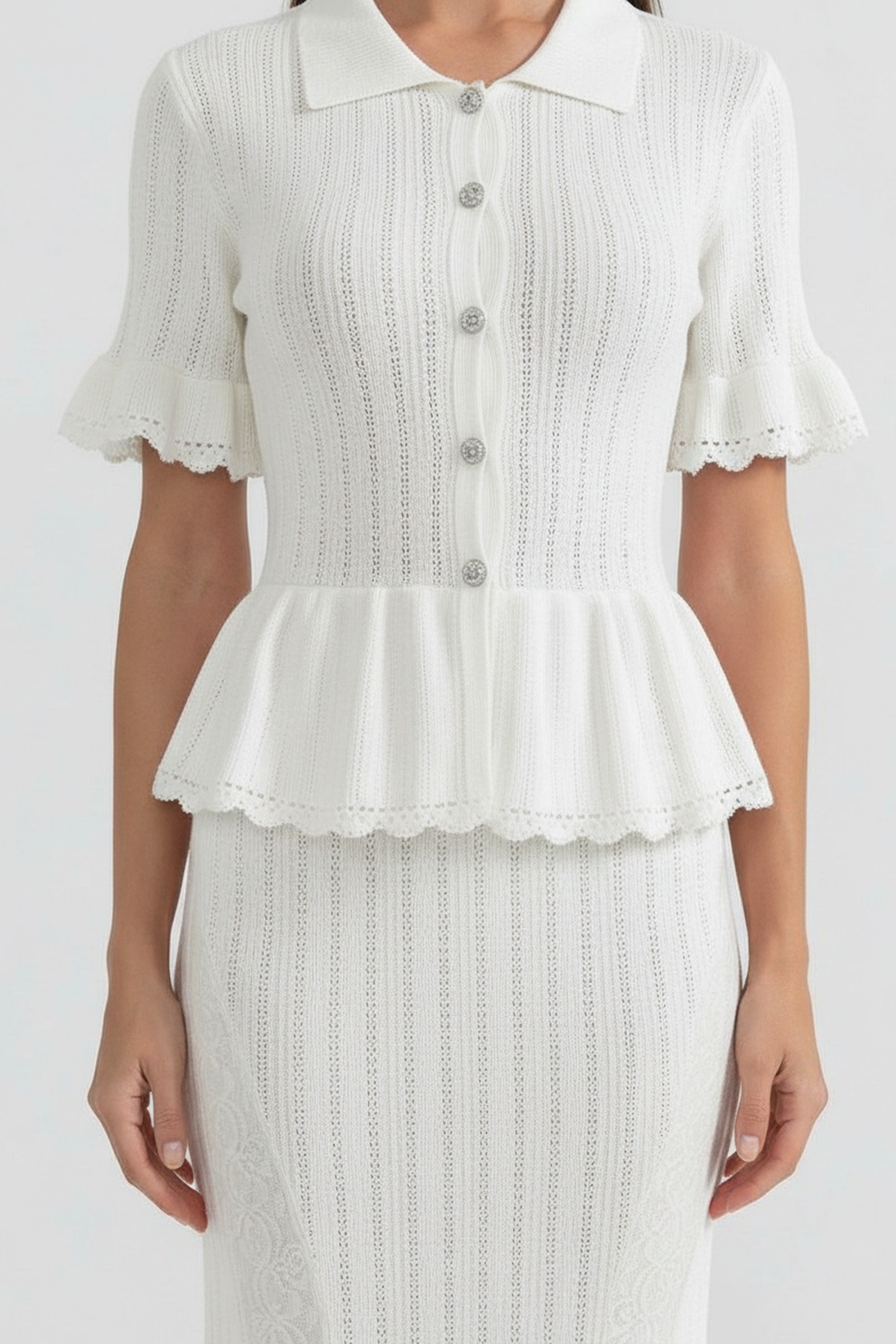 Rochie maxi tricotată peplum cu guler Peter Pan și tiv din dantelă - Alb